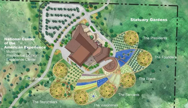 خريطة لمركز التجربة الأمريكية الوطني، توضح توزيع الحدائق والنصب التذكارية للأبطال والرؤساء، في إطار مشروع حديقة ترامب للنحت.