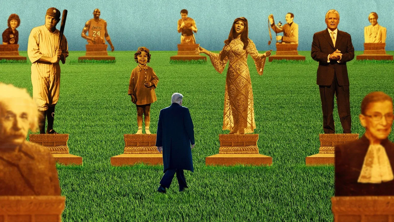 ترامب يتجول بين تماثيل لأشهر الشخصيات الأمريكية في حديقة النحت المقترحة، تعبيراً عن رؤيته لاحتفال القيم الأمريكية.