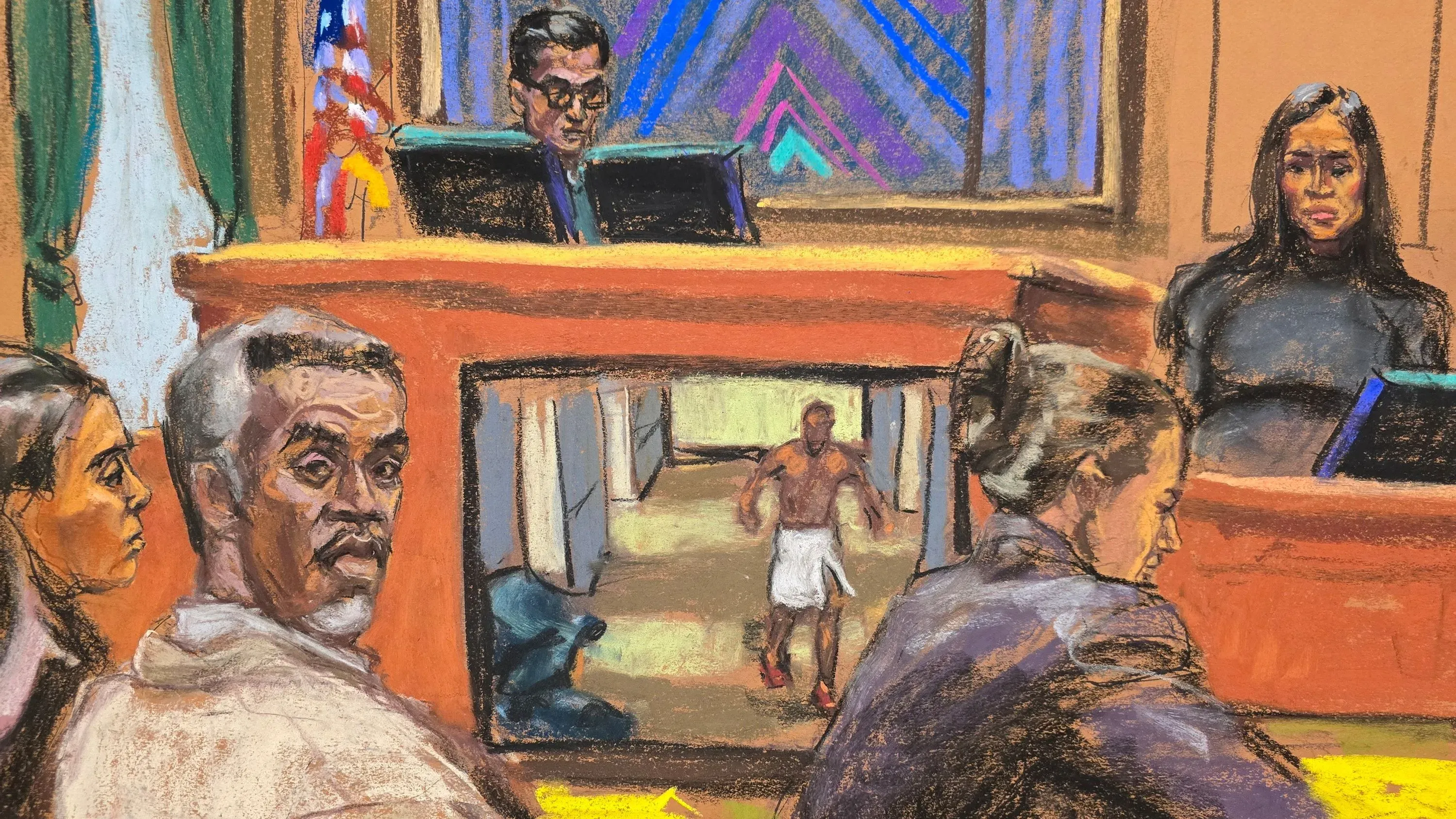 رسم تخطيطي لمحاكمة شون "ديدي" كومبس يظهر القاضي والشهود، مع تركيز على الأجواء الدرامية داخل قاعة المحكمة.