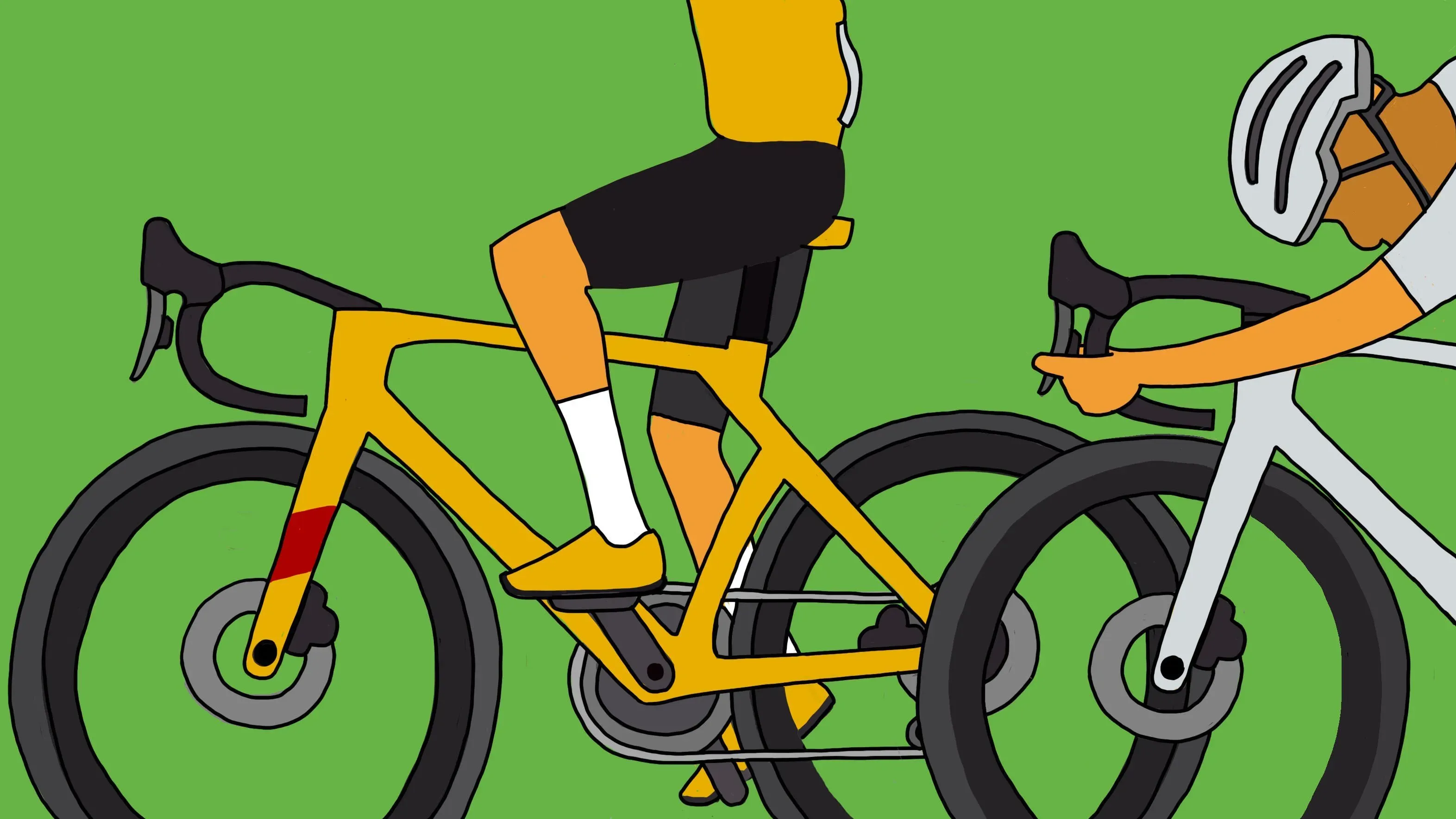 رسم توضيحي لدراجين يتسابقون في سباق فرنسا للدراجات الهوائية، مع التركيز على تفاصيل الدراجات والزي، يعكس تحديات المرحلة الجبلية.