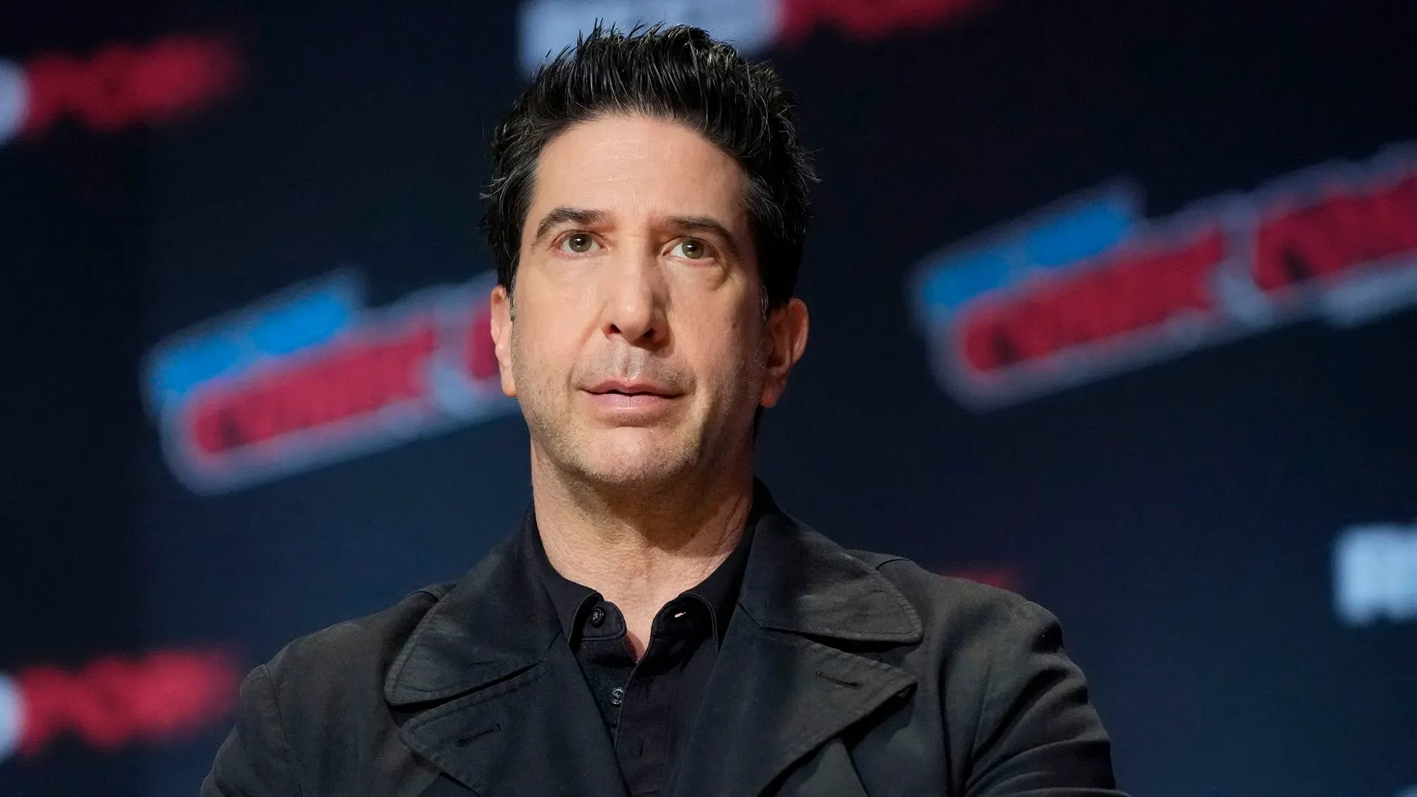 ديفيد شويمر يتحدث في مؤتمر، مع تعبير جاد، حول تأثير الشهرة وصراعاته مع أغنية مسلسل "فريندز".