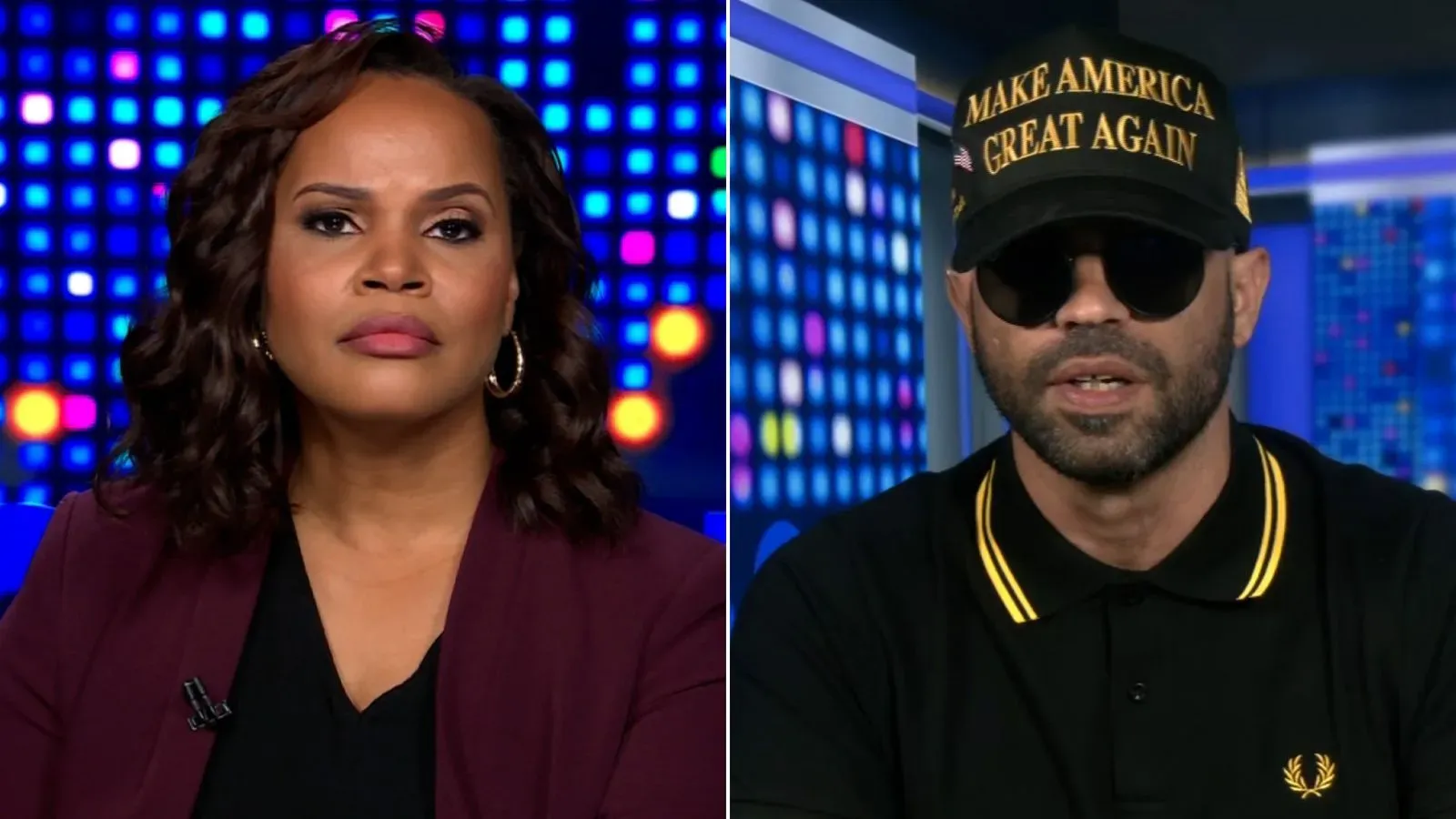 مقابلة تلفزيونية تتضمن شخصين، أحدهما يرتدي قبعة تحمل عبارة "اجعل أمريكا عظيمة مرة أخرى"، مع خلفية ملونة.