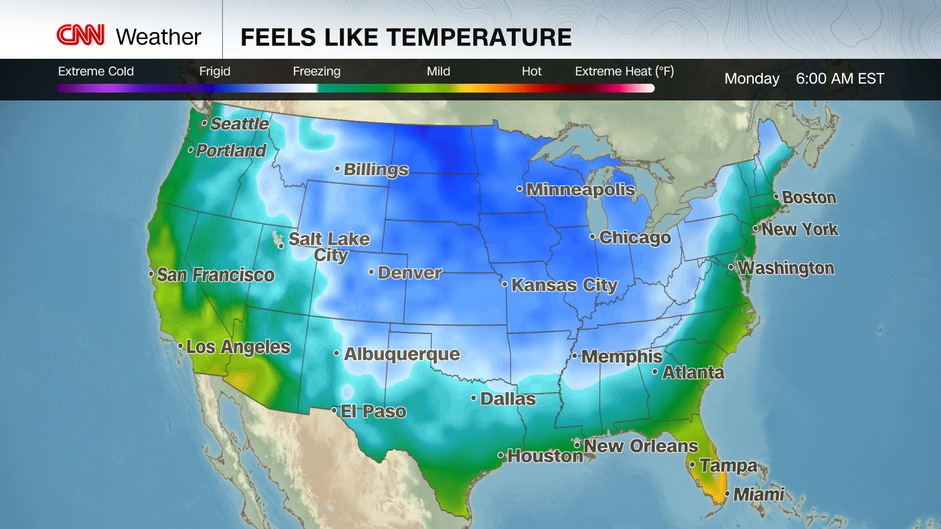 خريطة توضح درجات الحرارة المتوقعة في الولايات المتحدة، مع مناطق باردة تظهر باللون الأزرق، تشير إلى موجة برد قادمة تؤثر على العديد من الولايات.