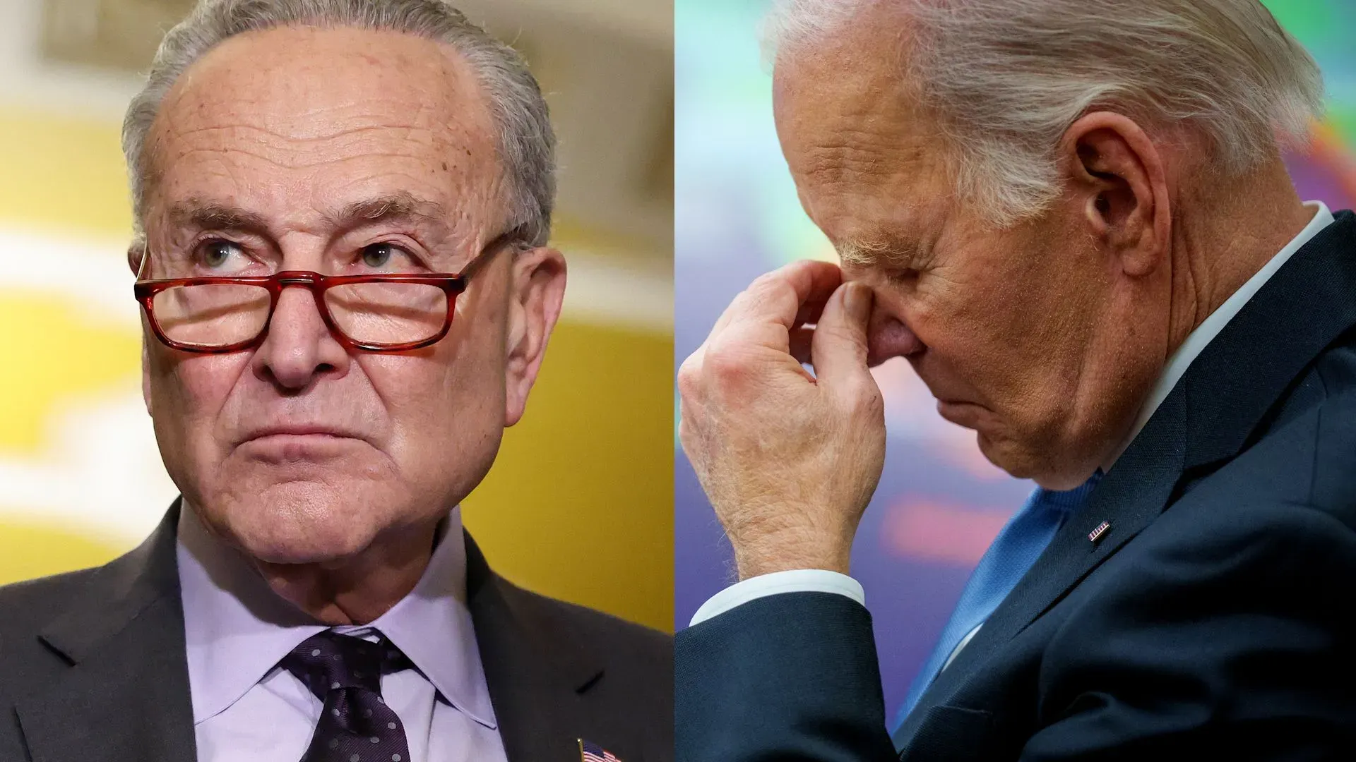 صورة تجمع بين زعيم الأغلبية في مجلس الشيوخ تشاك شومر والرئيس جو بايدن، تعكس توترًا سياسيًا حول الانتخابات القادمة.