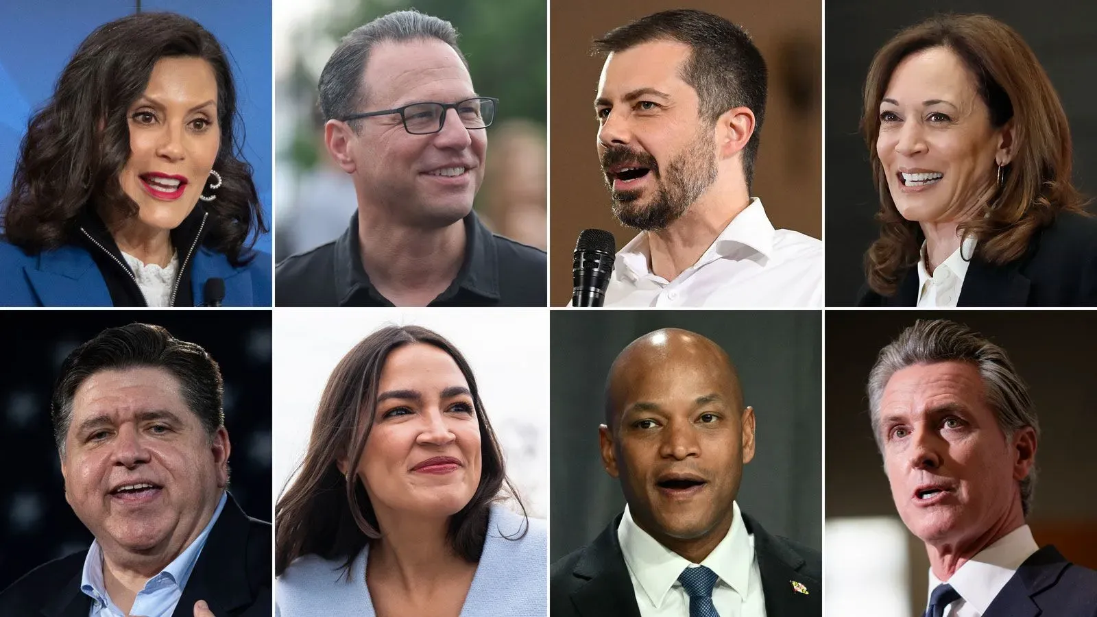 صور لثمانية من الشخصيات السياسية الديمقراطية البارزة، بما في ذلك كامالا هاريس وغافين نيوسوم، في سياق الانتخابات التمهيدية لعام 2028.