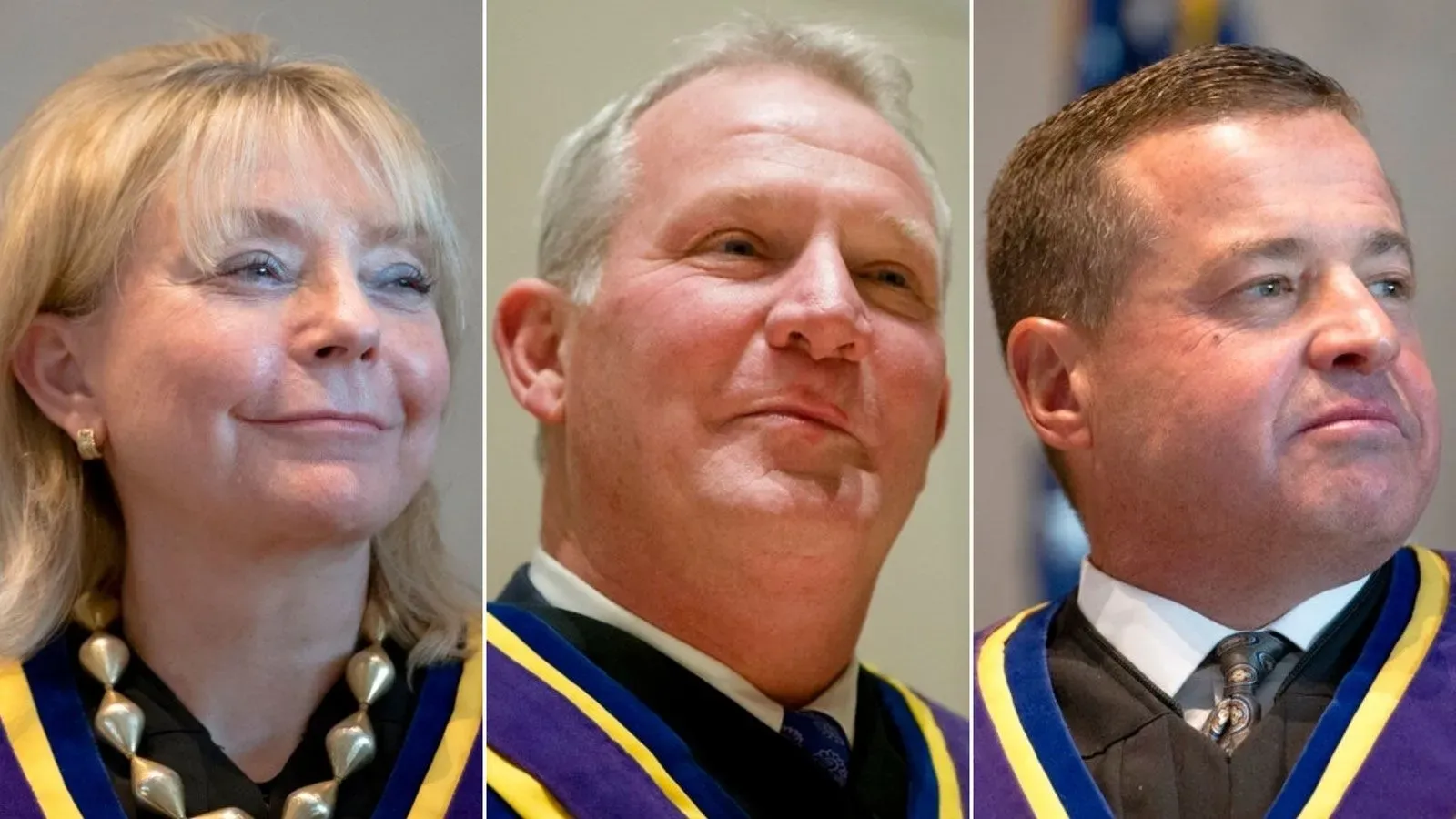 القضاة كيفن دوجيرتي وكريستين دونوهيو وديفيد ويشت يبتسمون خلال احتفال تمديد فترات ولايتهم في المحكمة العليا في بنسلفانيا.