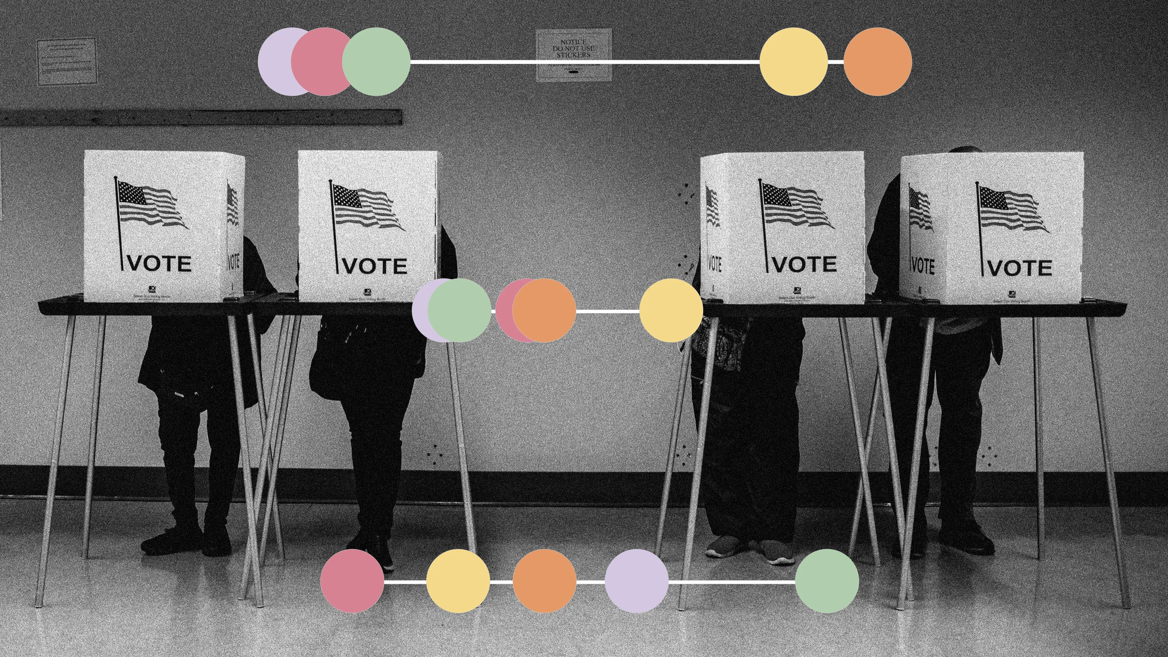 صناديق اقتراع تحمل علامة "صوت" في مركز اقتراع، مع أشخاص يشاركون في عملية التصويت، تعكس أهمية الانتخابات في عام 2024.