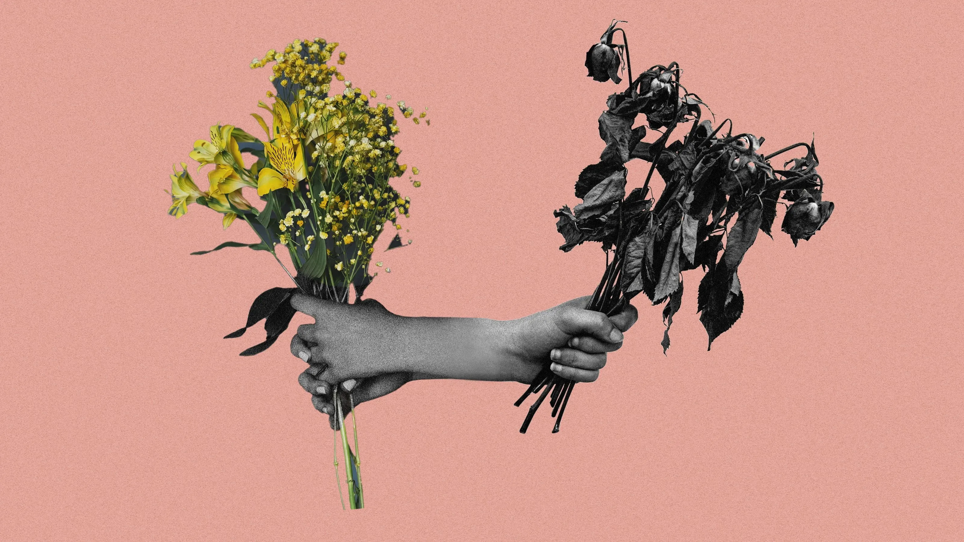 أيدٍ تحمل باقة من الزهور الملونة وباقة من الورود الذابلة، تعكس التباين بين الأعمال الصالحة والعقوبات، في سياق دراسة حول الكارما.