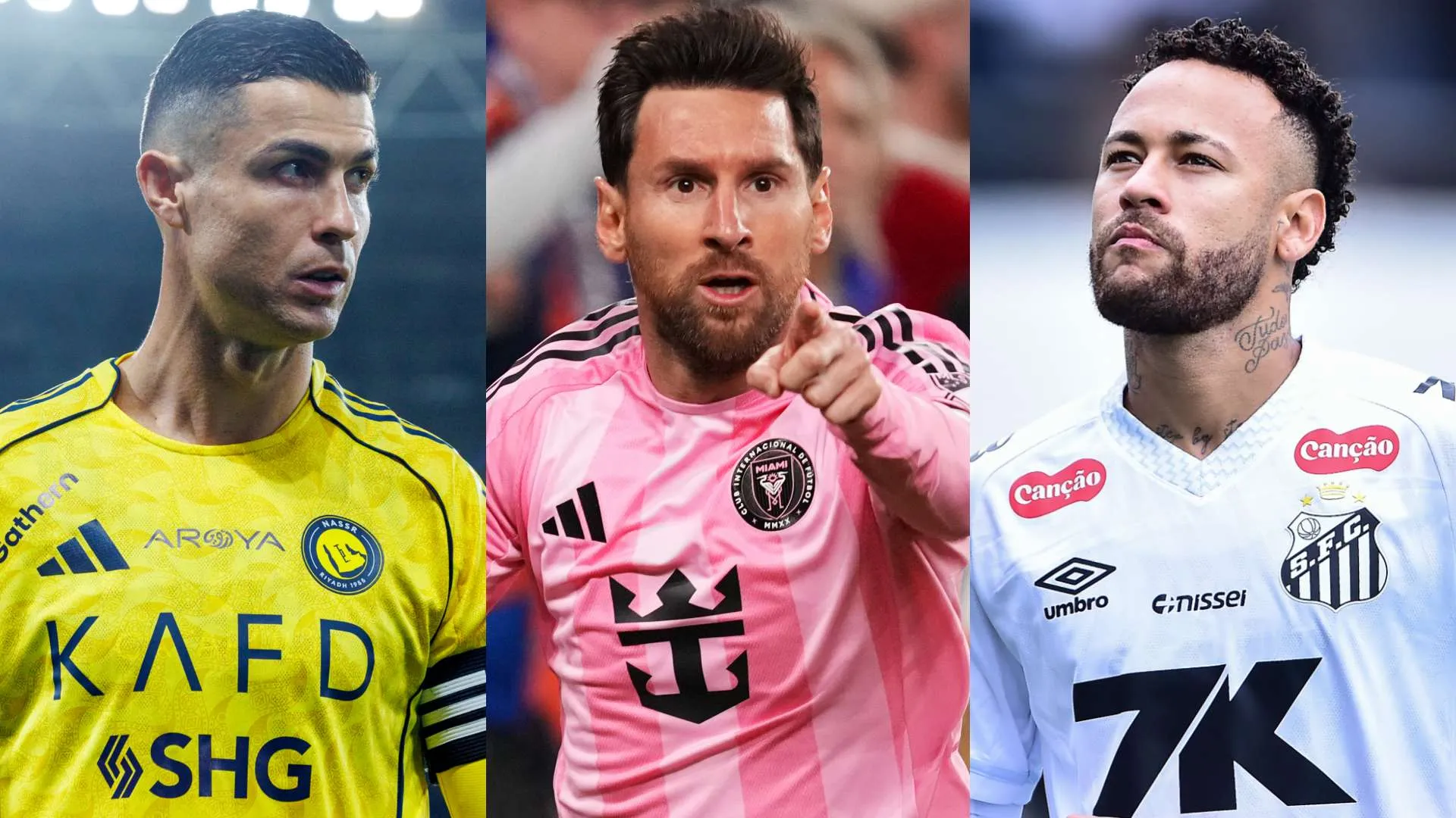 كريستيانو رونالدو وميسي ونيمار في أندية النصر وإنتر ميامي وسانتوس، يتصدرون مشهد كرة القدم العالمية ويقتربون من أرقام قياسية في الأهداف.