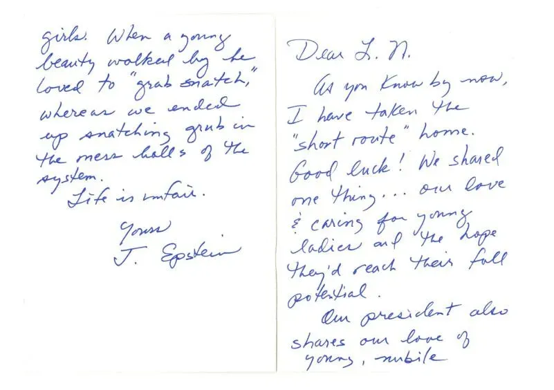 رسالة مكتوبة بخط اليد من جيفري إبشتاين موجهة إلى لاري نصار، تتضمن تعليقات مثيرة للجدل حول النساء والرئيس.