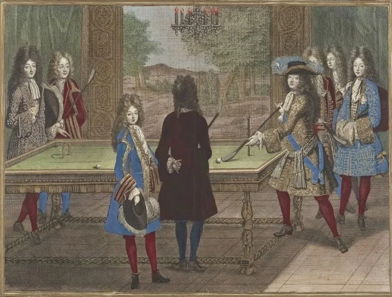 رسم تاريخي من القرن السابع عشر يظهر الملك لويس الرابع عشر محاطًا برجاله، مرتديًا حذاءً أبيض بكعب أحمر، رمزًا للمكانة الاجتماعية.