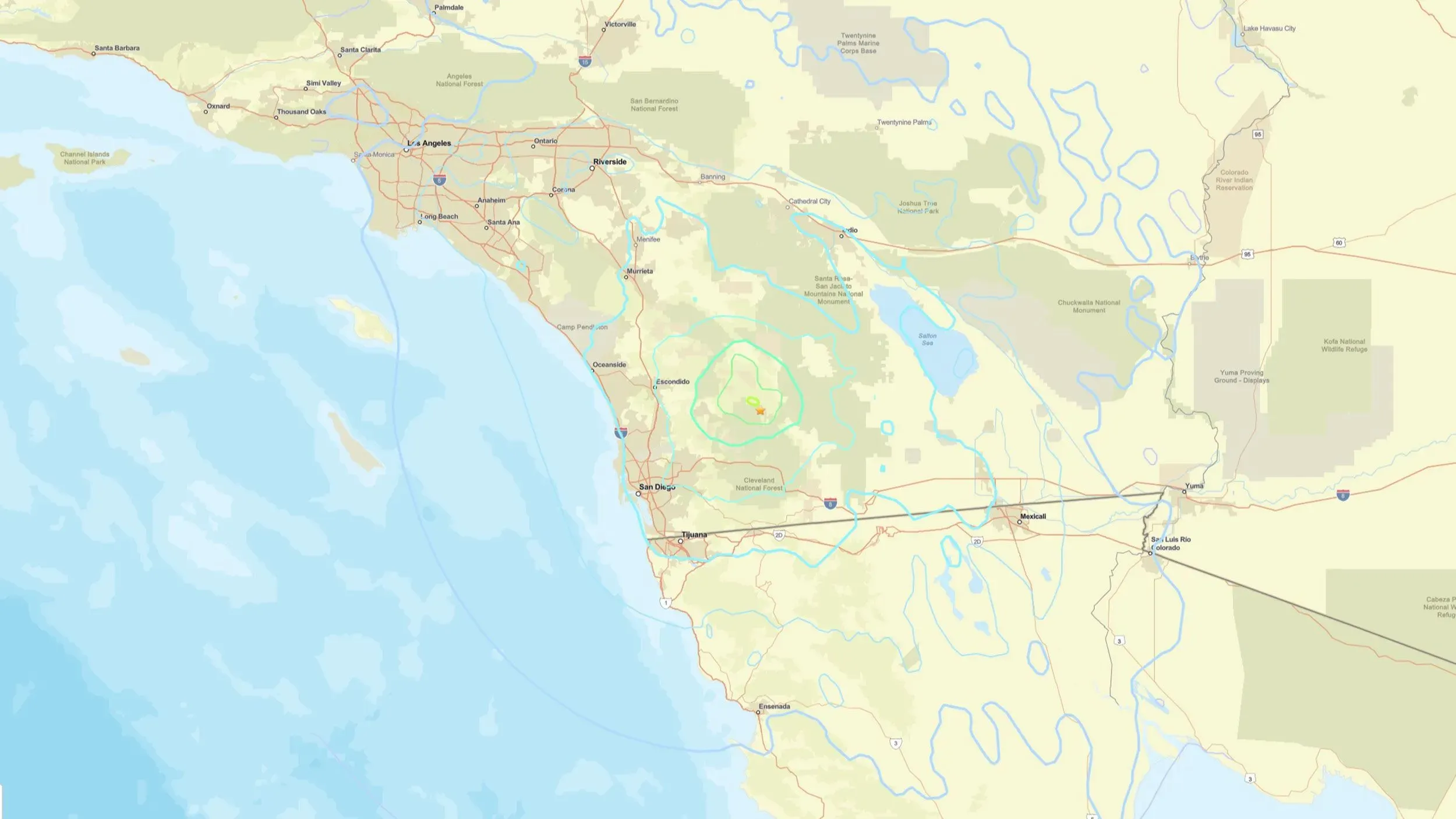 خريطة توضح موقع زلزال بقوة 5.2 درجة جنوب كاليفورنيا، مع تحديد مركز الزلزال بالقرب من جوليان.