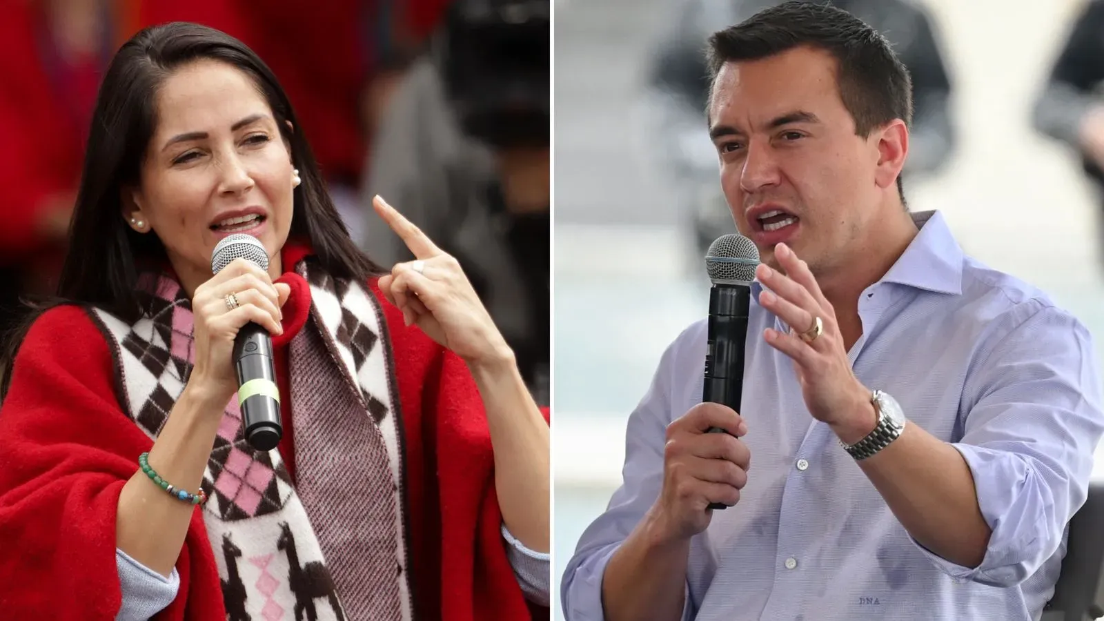 صورة تظهر لويزا غونزاليس ودانيال نوبوا، مرشحي الانتخابات الرئاسية في الإكوادور، أثناء خطاب انتخابي يتناول القضايا الأمنية والاقتصادية.