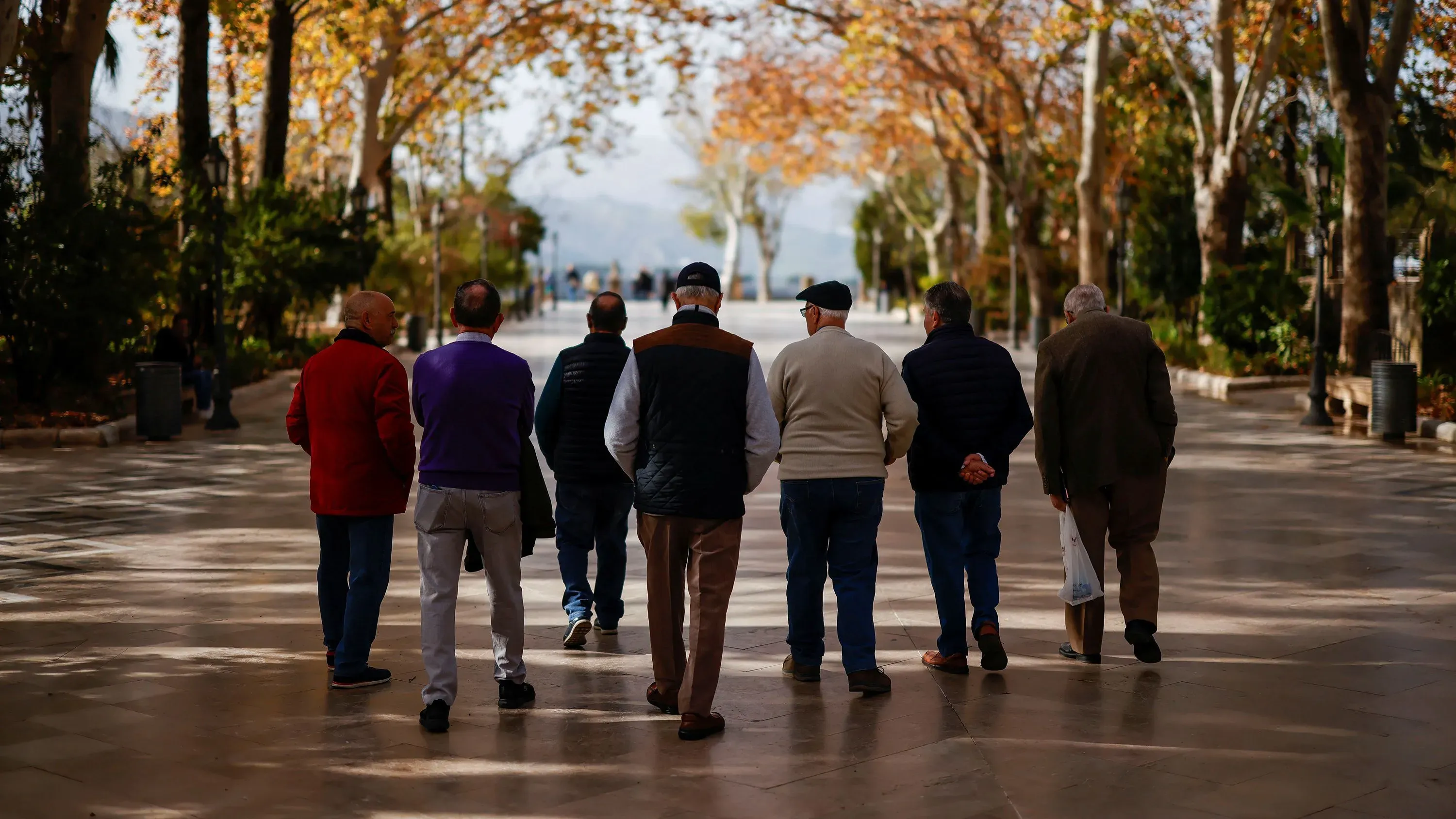 مجموعة من الرجال المسنين يمشون معًا في حديقة، ويعكسون تأثير شيخوخة السكان على ميزانيات دول الرفاهية في أوروبا.