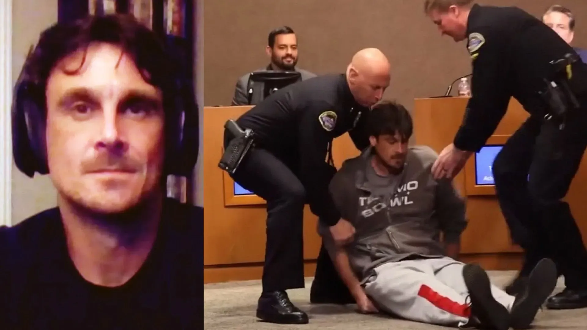 كريس كلوي، لاعب كرة قدم سابق، يتعرض للاحتجاز من قبل الشرطة خلال اجتماع مجلس محلي في كاليفورنيا بعد احتجاجه على شعار MAGA.