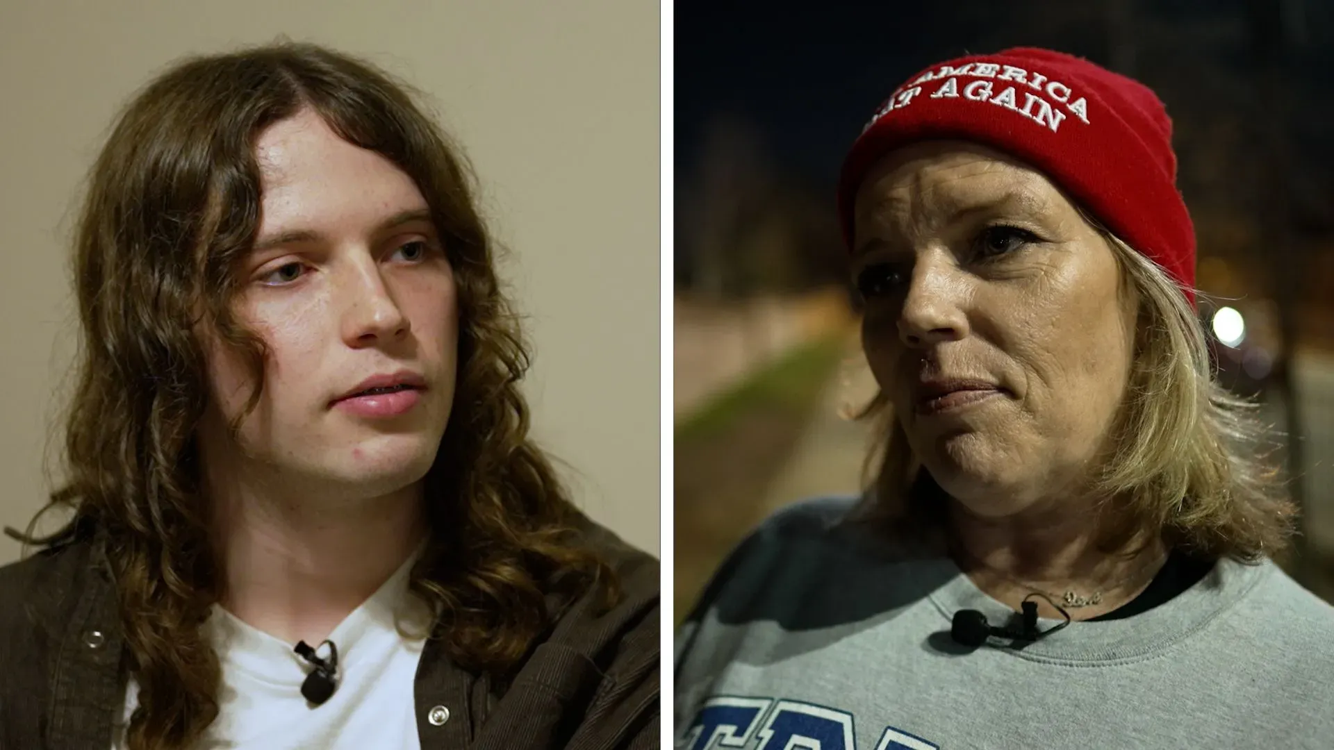 مقابلة مع غاي ريفيت وزوجته بعد إطلاق سراحه. يُظهر ريفيت شابًا ذو شعر طويل وصدرية داكنة، بينما ترتدي زوجته قبعة حمراء مكتوب عليها "اجعل أمريكا عظيمة مرة أخرى".