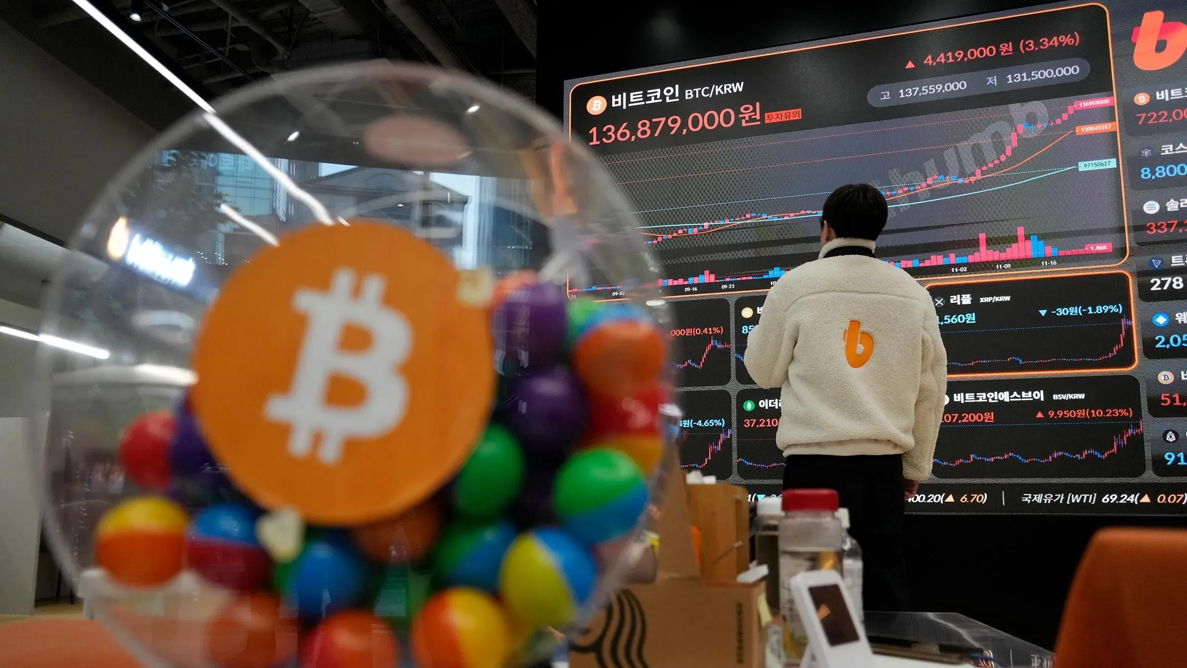 شخص يقف أمام شاشة تعرض بيانات العملات الرقمية، مع وجود وعاء ملون يحمل شعار البيتكوين في المقدمة، مما يعكس اهتمام السوق بالعملات المشفرة.