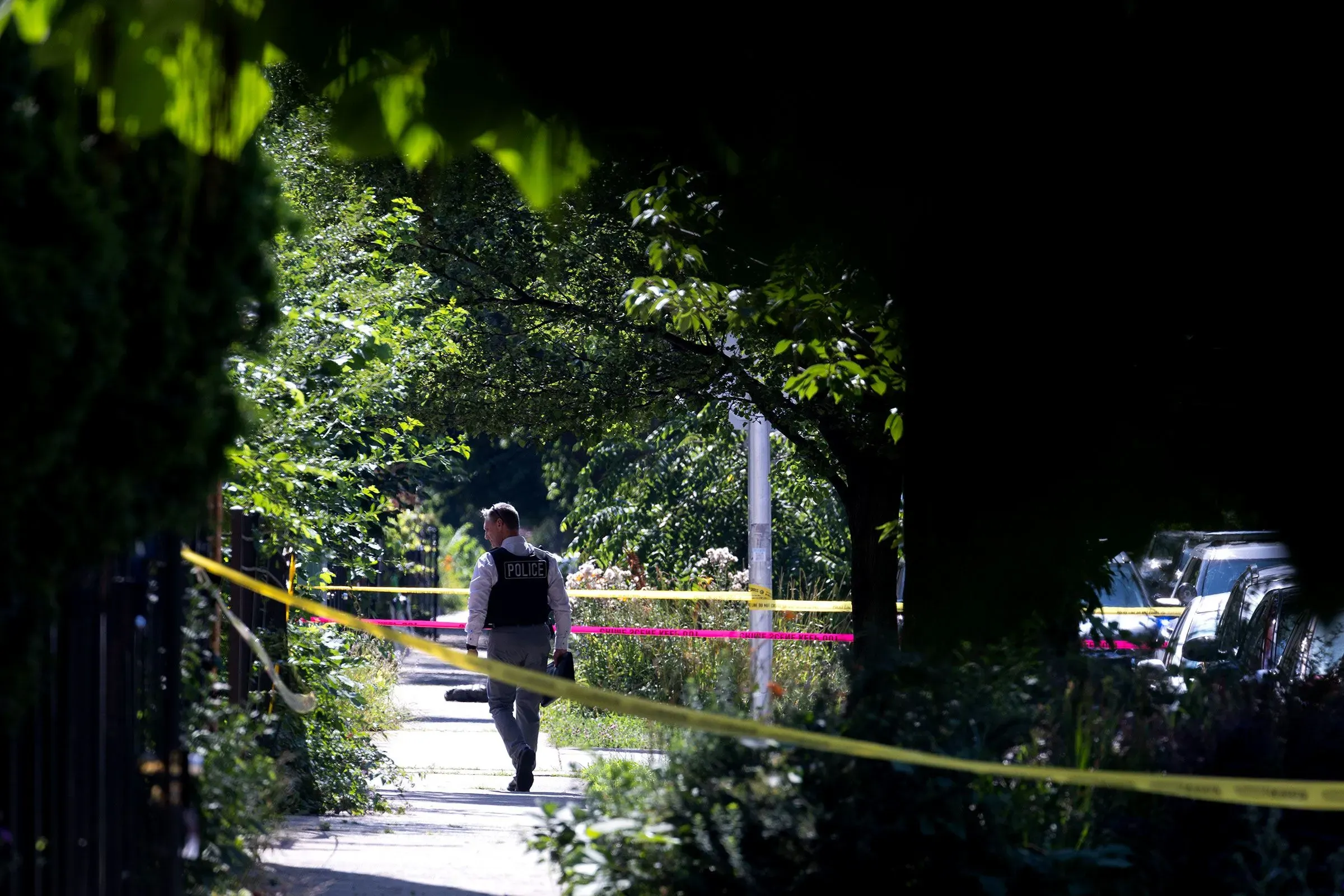 شرطي يسير في منطقة محاطة بالأشجار، مع وجود شريط تحذيري، في سياق تقرير عن انخفاض الجرائم العنيفة في الولايات المتحدة.