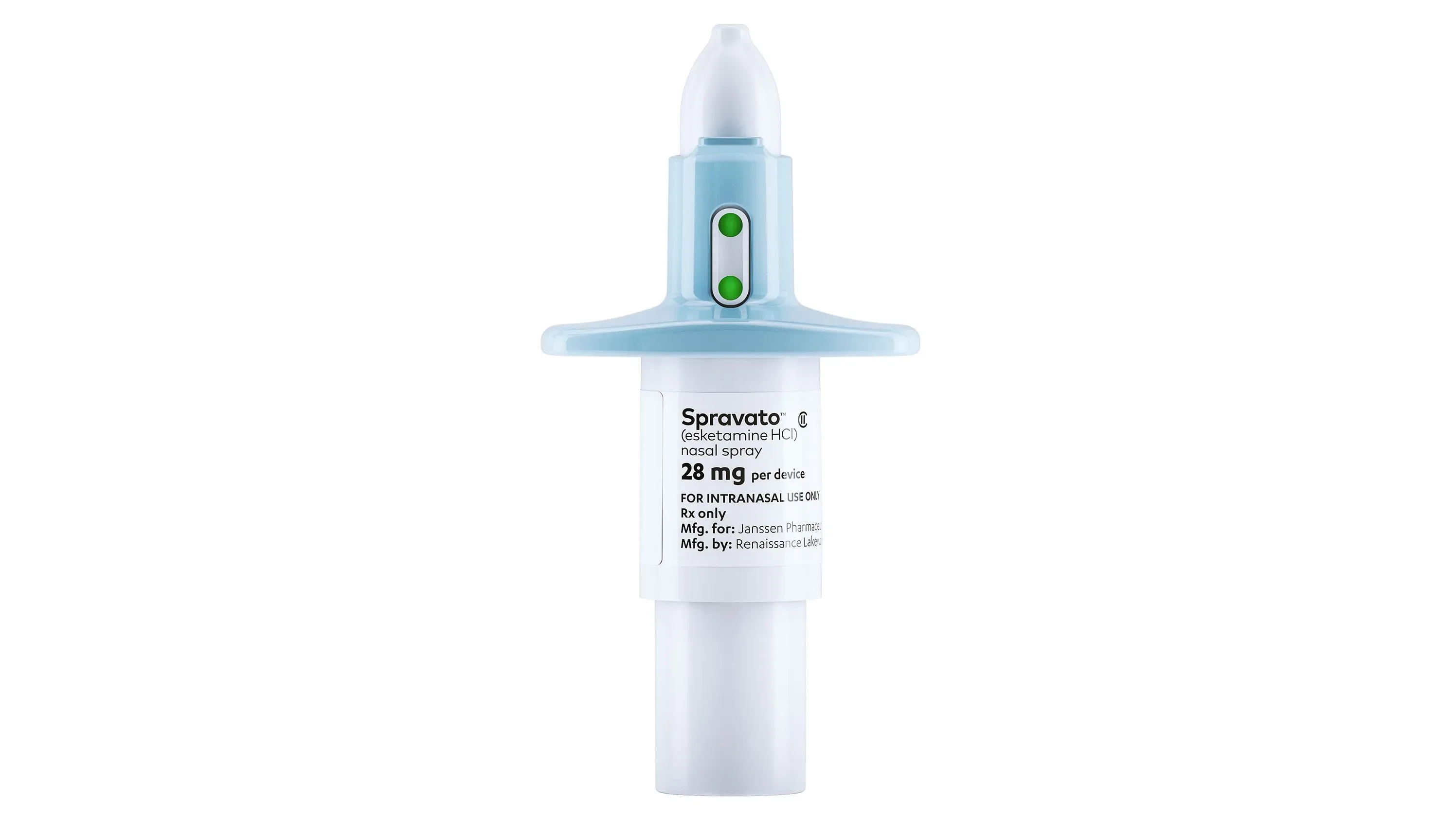 بخاخ الأنف "سبرافاتو" لعلاج الاكتئاب الحاد، يظهر بتصميمه المميز الذي يسهل استخدامه كعلاج مستقل.