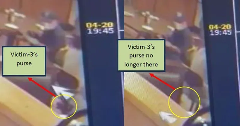 لقطة من كاميرا المراقبة تظهر لحظة سرقة حقيبة ضحية في مطعم، حيث يظهر اللص وهو يختطف الحقيبة قبل مغادرته المكان.