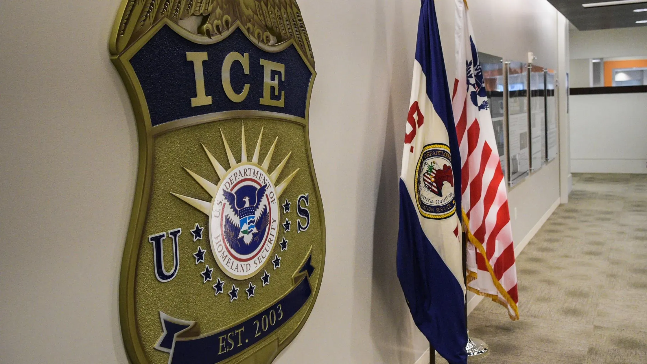 شعار إدارة الهجرة والجمارك الأمريكية مع أعلام الولايات المتحدة، في مكتب إداري، يعكس قضايا الترحيل والمهاجرين.
