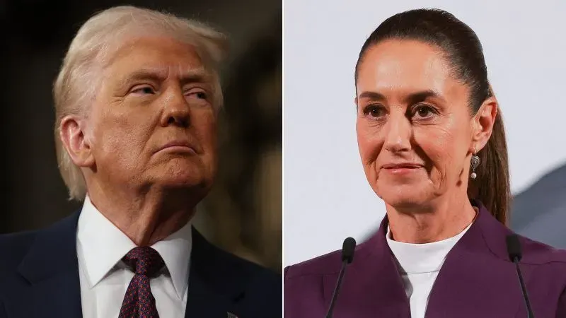 صورة تظهر دونالد ترامب وكلاوديا شينباوم، رئيسة مكسيك، في سياق التوترات بين الولايات المتحدة والمكسيك حول حرية التعبير.