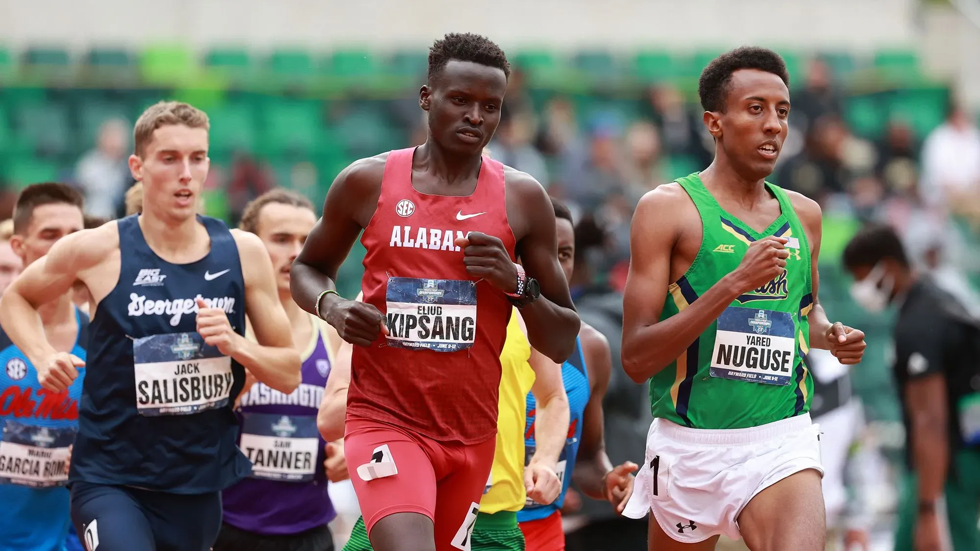 إليود كيبسانج، عداء من ألاباما يرتدي زي الفريق، يتنافس في سباق 1500 متر وسط مجموعة من الرياضيين الآخرين في بطولة ألعاب القوى.