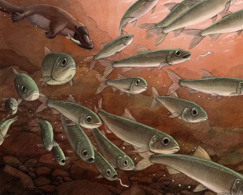 سمكة F. brocksi المتحجرة تُظهر تفاصيل دقيقة عن شكلها ونمط تلوينها، محاطة بمجموعة من الأسماك في بيئة مائية قديمة.