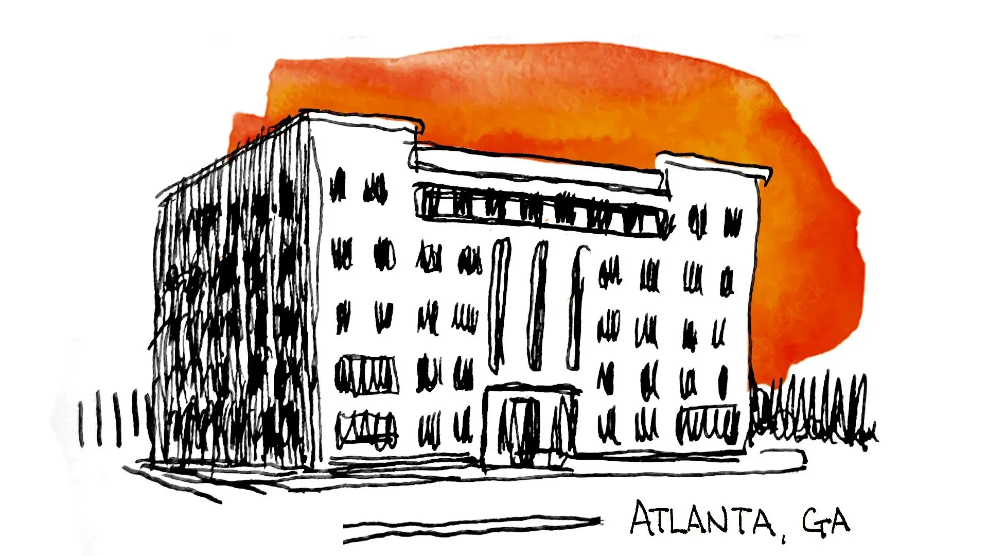 رسم توضيحي لمبنى محكمة هجرة في أتلانتا، جورجيا، مع خلفية برتقالية، يعكس التوتر والقلق الذي يعاني منه المهاجرون أثناء انتظارهم في المحاكم.