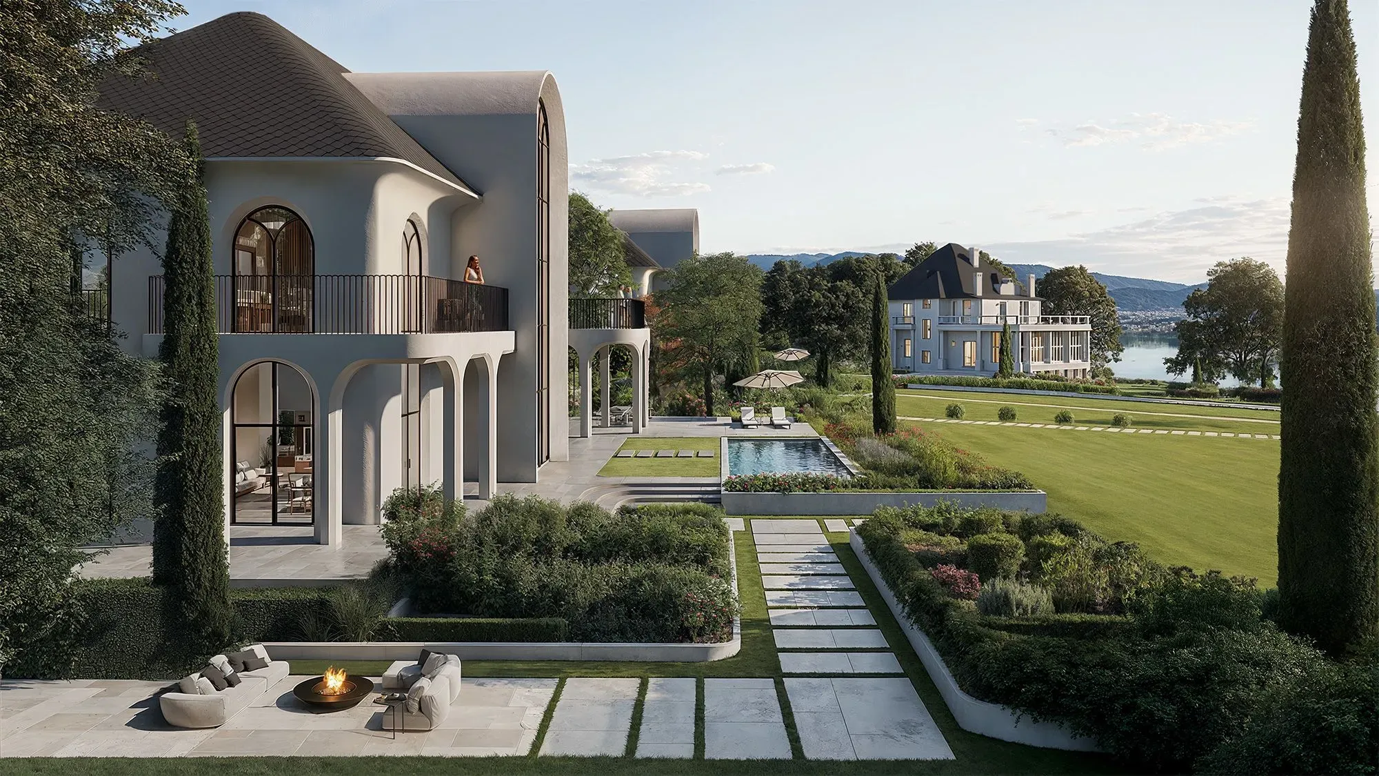 مشهد لحديقة منزل حديث بتصميم معماري متميز، يضم مساحات خضراء، مسبح، ومنطقة جلوس حول نار. يبرز تأثير الذكاء الاصطناعي في التصميم.