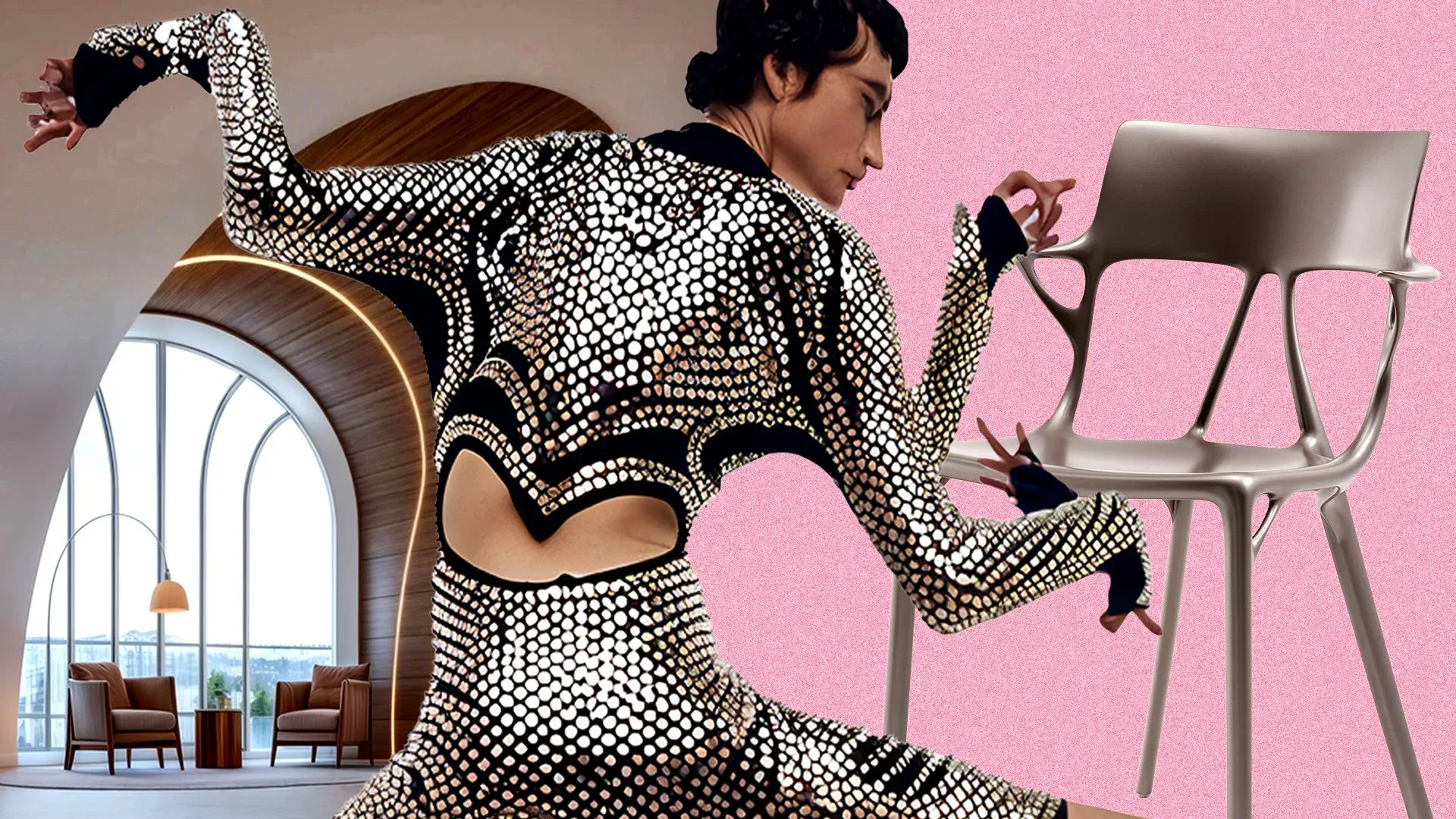 امرأة ترتدي زيًا مبتكرًا يبرز الأناقة والتكنولوجيا، بجانب كرسي مصمم باستخدام الذكاء الاصطناعي في بيئة عصرية.