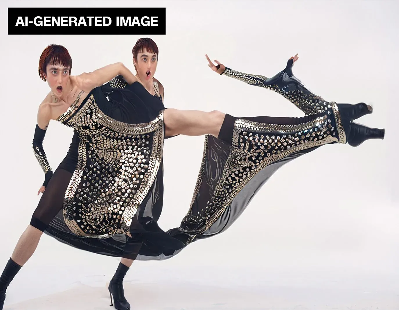صورة لعارضة أزياء ترتدي فستاناً أسود مزيناً بالخرز، تظهر في وضع ديناميكي مع تعبيرات وجه مفعمة بالحيوية، تعكس تأثير الذكاء الاصطناعي في تصميم الأزياء.