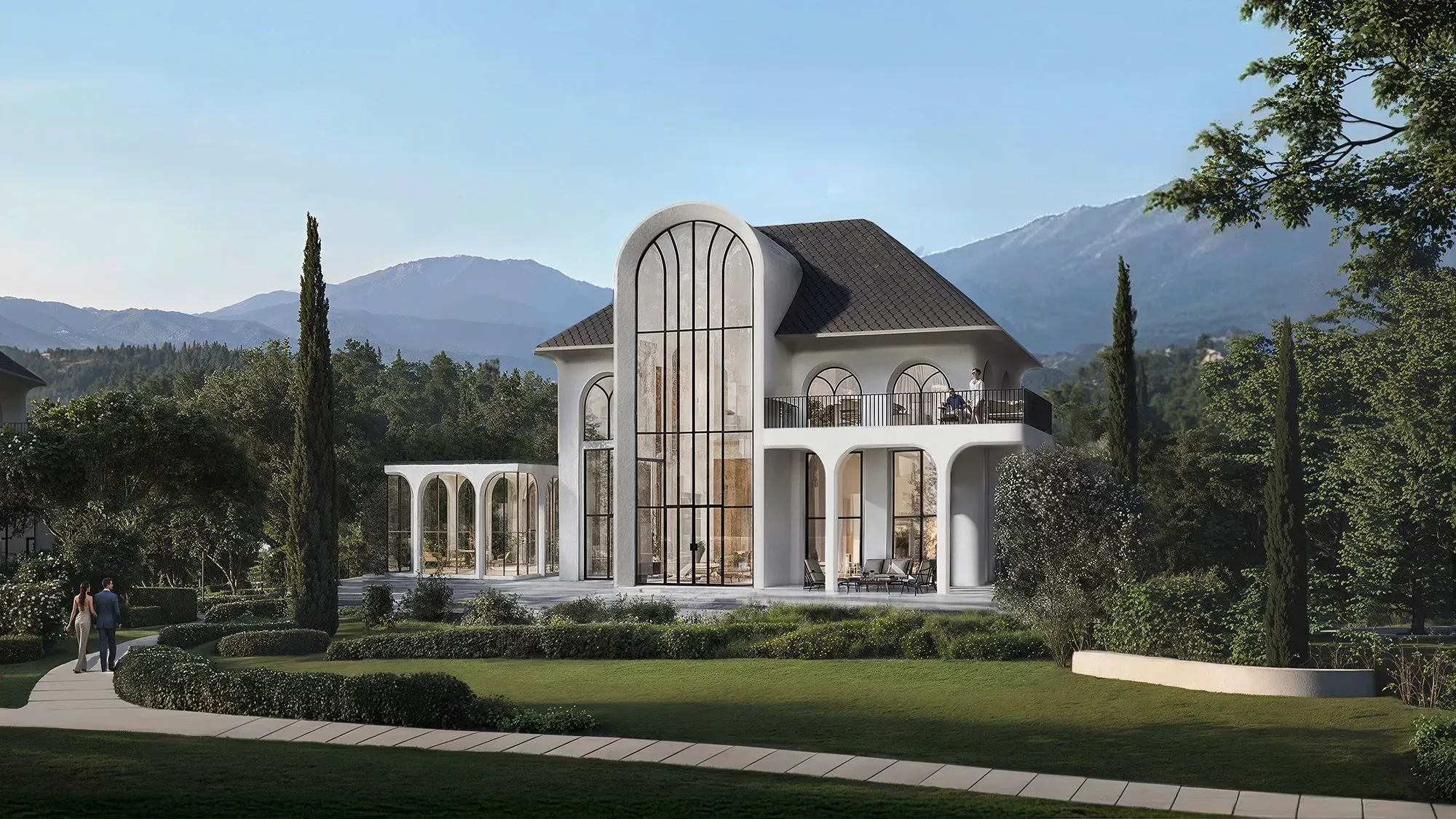 منزل حديث بتصميم فريد، يبرز النوافذ الكبيرة والأقواس، محاط بالطبيعة والجبال، يعكس تأثير الذكاء الاصطناعي في العمارة.