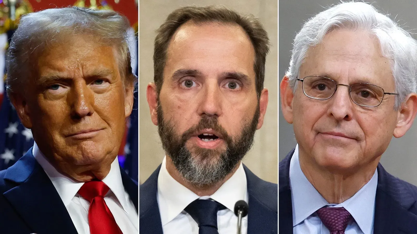 صورة تظهر ثلاثة رجال: دونالد ترامب، جاك سميث، وميريك جارلاند، تتعلق بمسائل قانونية هامة حول تقرير 6 يناير.