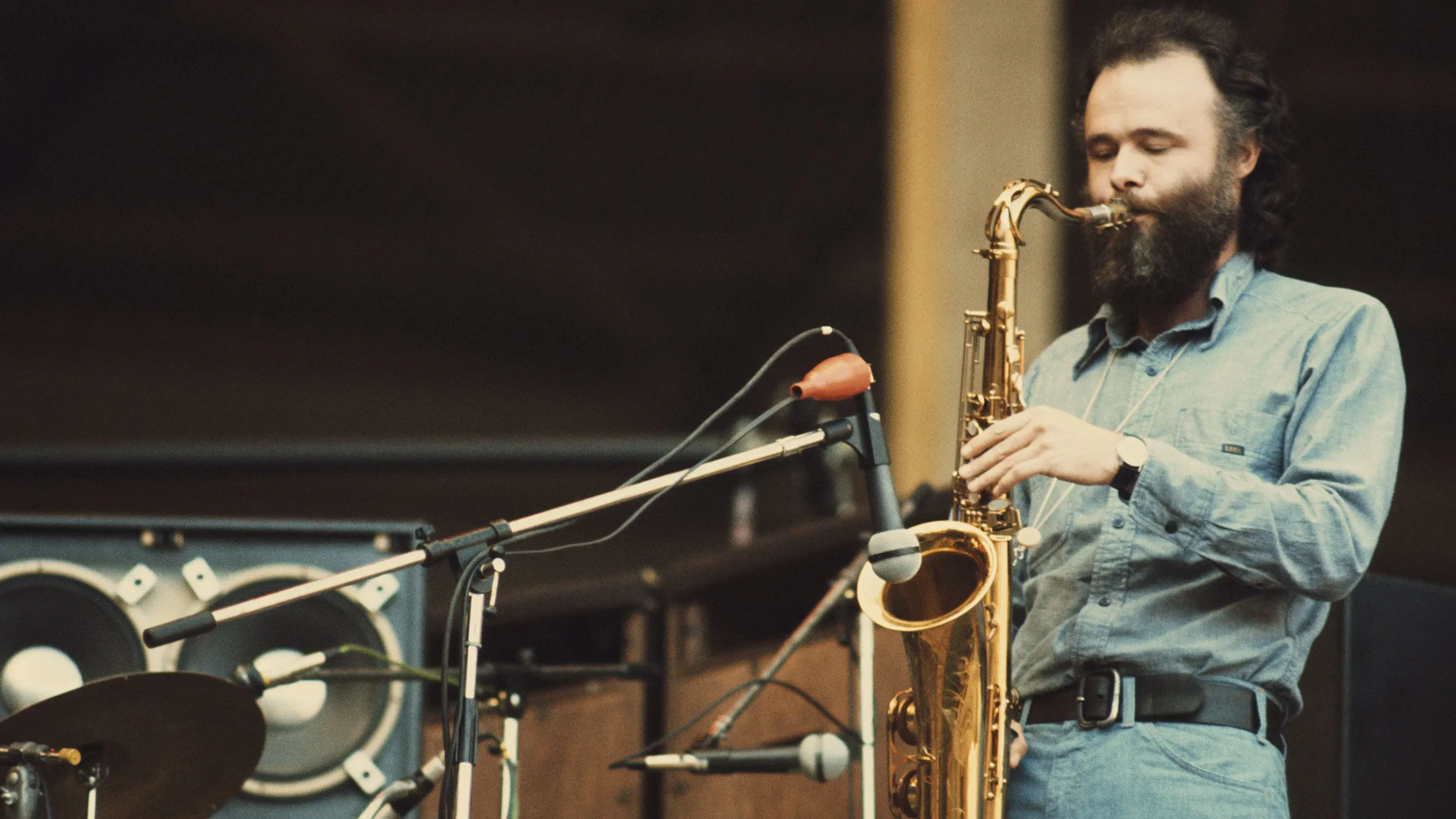غارث هدسون، عازف الساكسفون والكيبورد، يؤدي على المسرح بملابس كلاسيكية ولحية كثيفة، مع تركيز على تفاصيل الأداء الموسيقي.