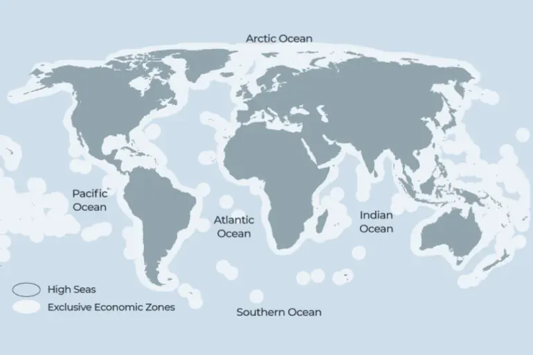 خريطة توضح توزيع المياه الدولية والمناطق الاقتصادية الخالصة حول العالم، مع تحديد المحيطات الرئيسية.