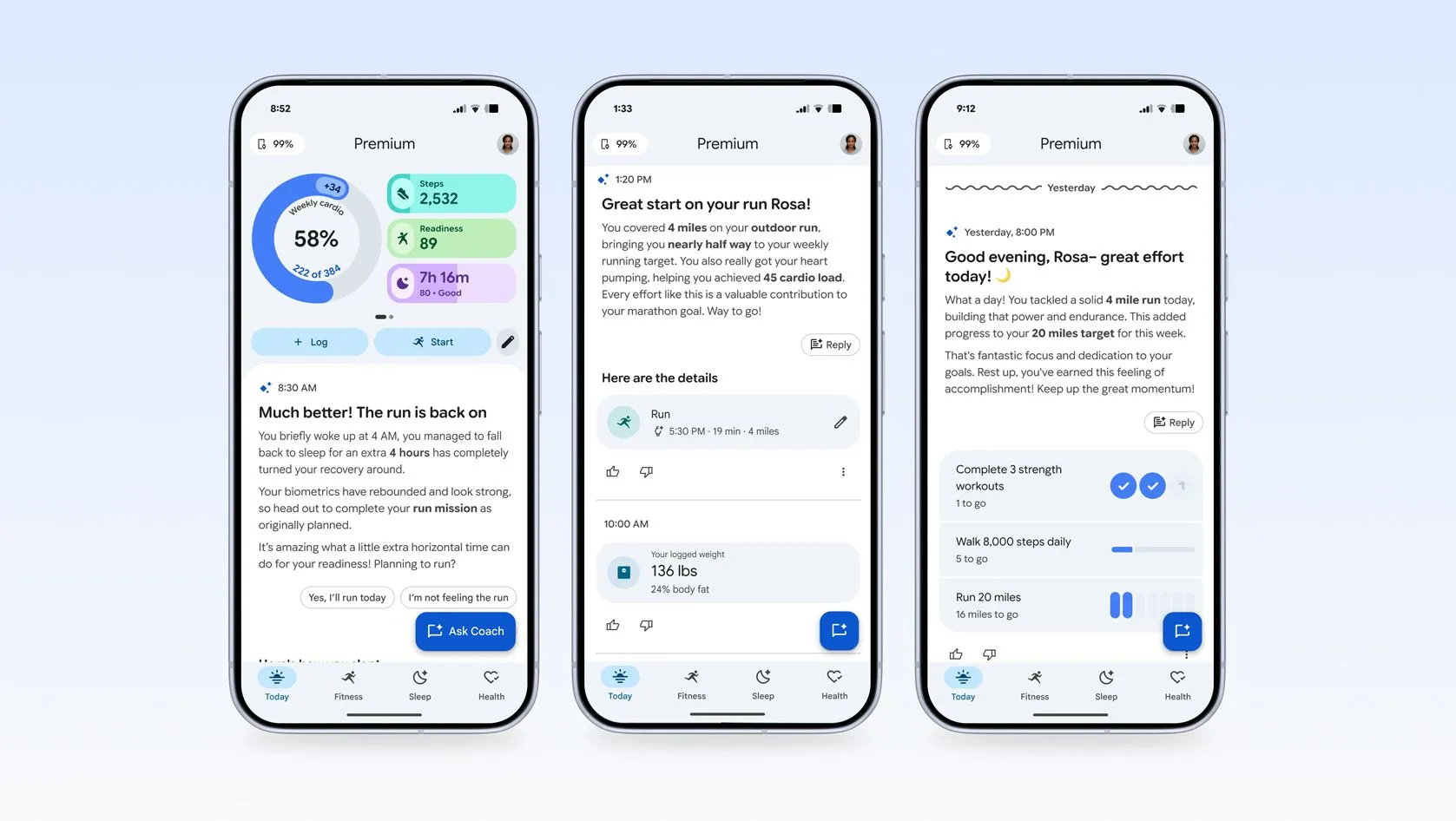 واجهة تطبيق Google Health تعرض معلومات صحية، بما في ذلك خطوات المستخدم، جودة النوم، ونصائح للياقة البدنية، مع التركيز على التفاعل الذكي.