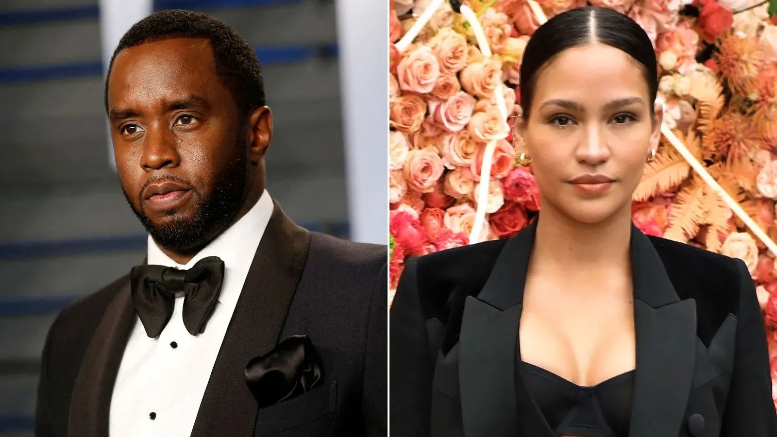 الصورة تظهر شون "ديدي" كومبس وكاسي فينتورا، مع خلفية مزينة بالأزهار، في سياق مناقشة حول قضايا العنف الأسري.