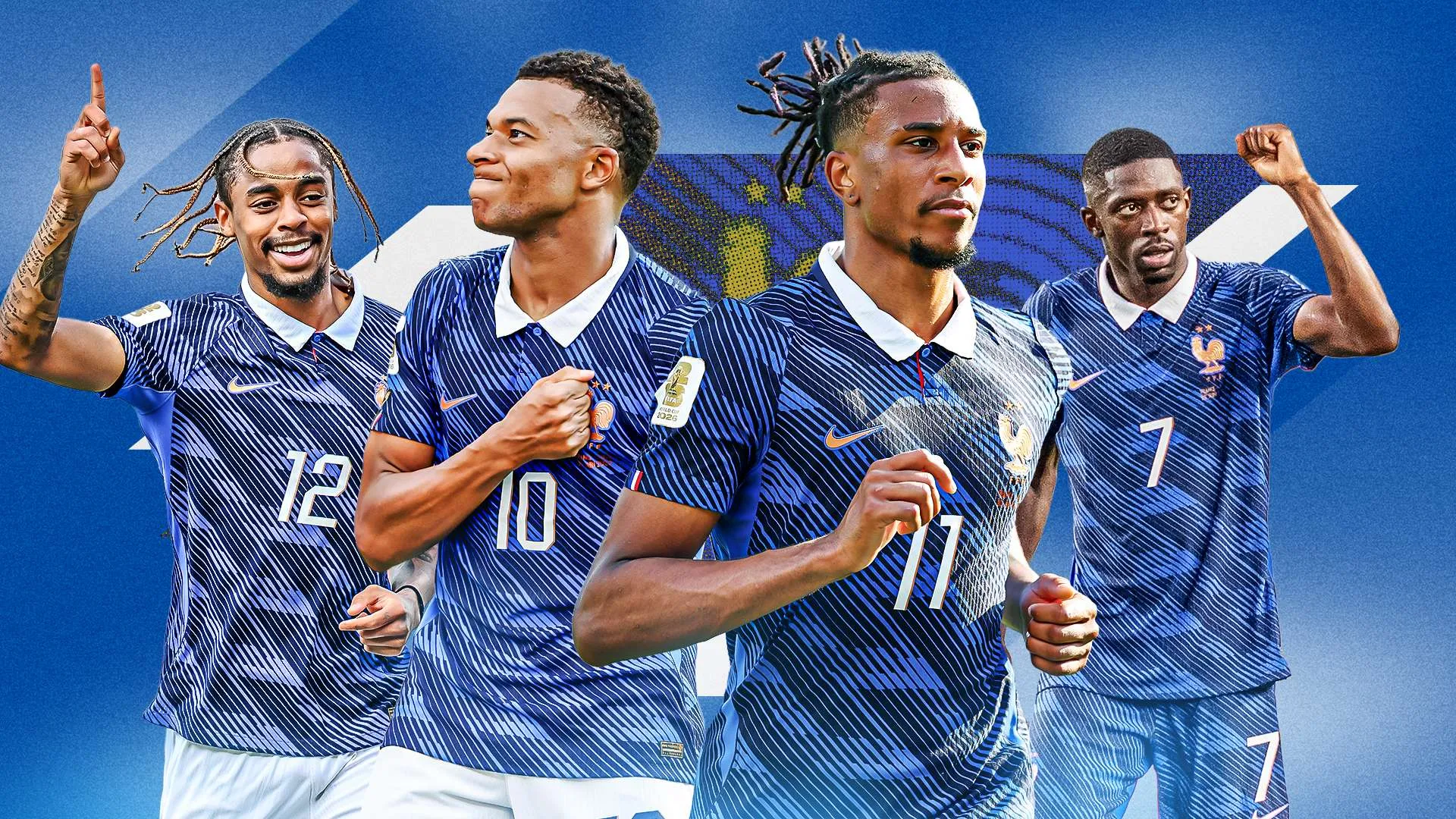 نجوم منتخب فرنسا لكرة القدم في كأس العالم 2022، منهم كيليان مبابي وأوسمان ديمبيلي، يعكسون قوة الهجوم الفرنسي في البطولة.