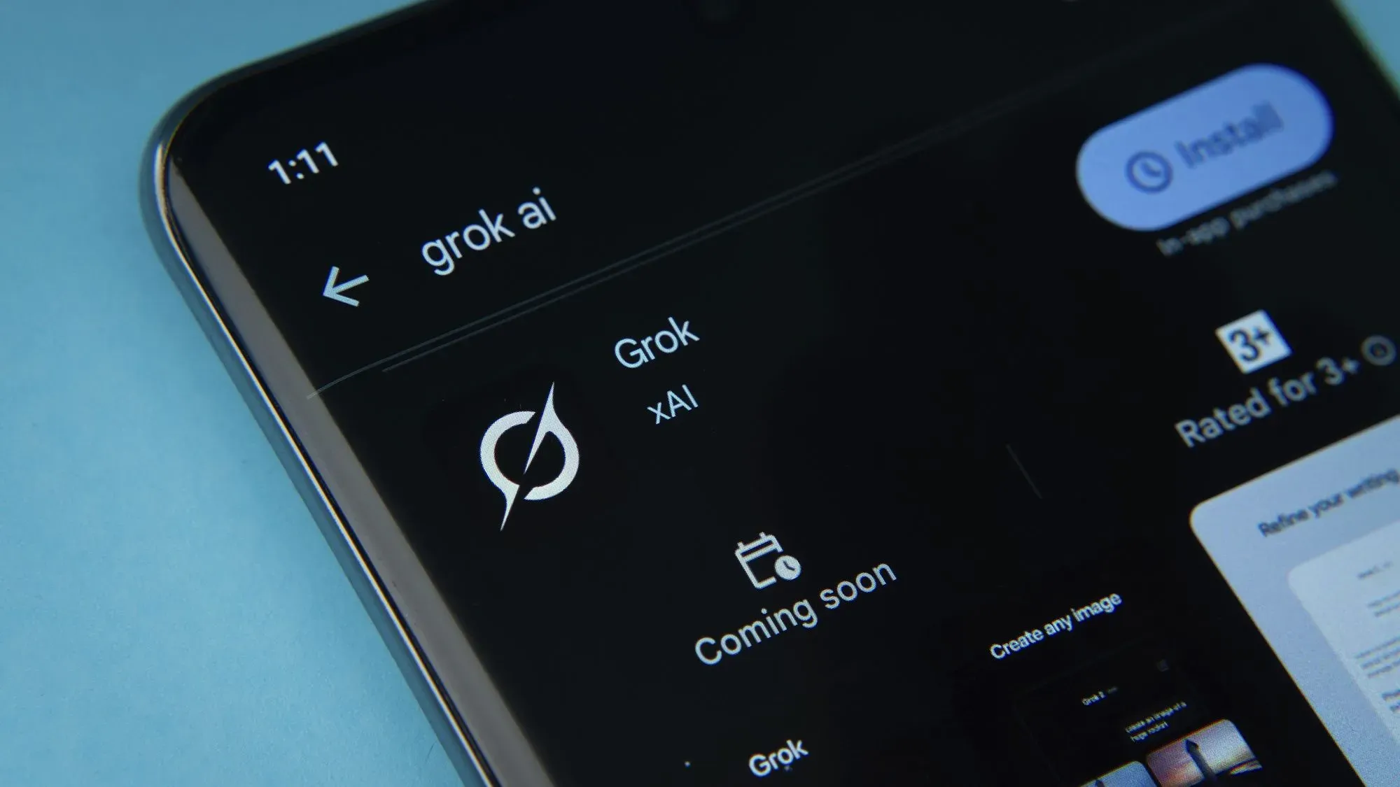 واجهة تطبيق Grok، تعرض شعار Grok xAI مع خيارات تثبيت وتفاصيل أخرى، تعكس التوجهات الحديثة في الذكاء الاصطناعي.