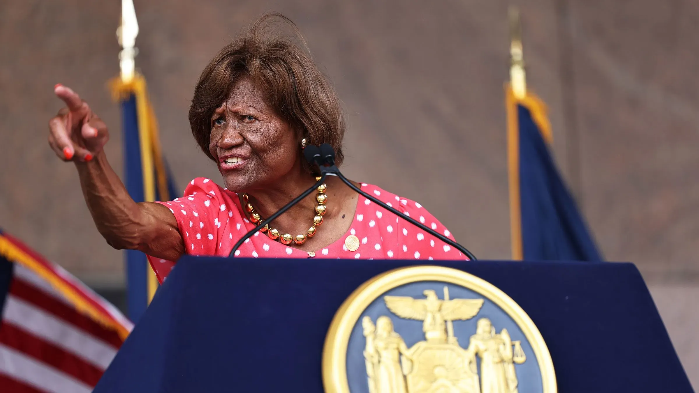 تظهر هازل دوكس، ناشطة حقوق مدنية، وهي تتحدث بحماس أمام منصة رسمية، مرتدية فستانًا مزخرفًا باللون الوردي.