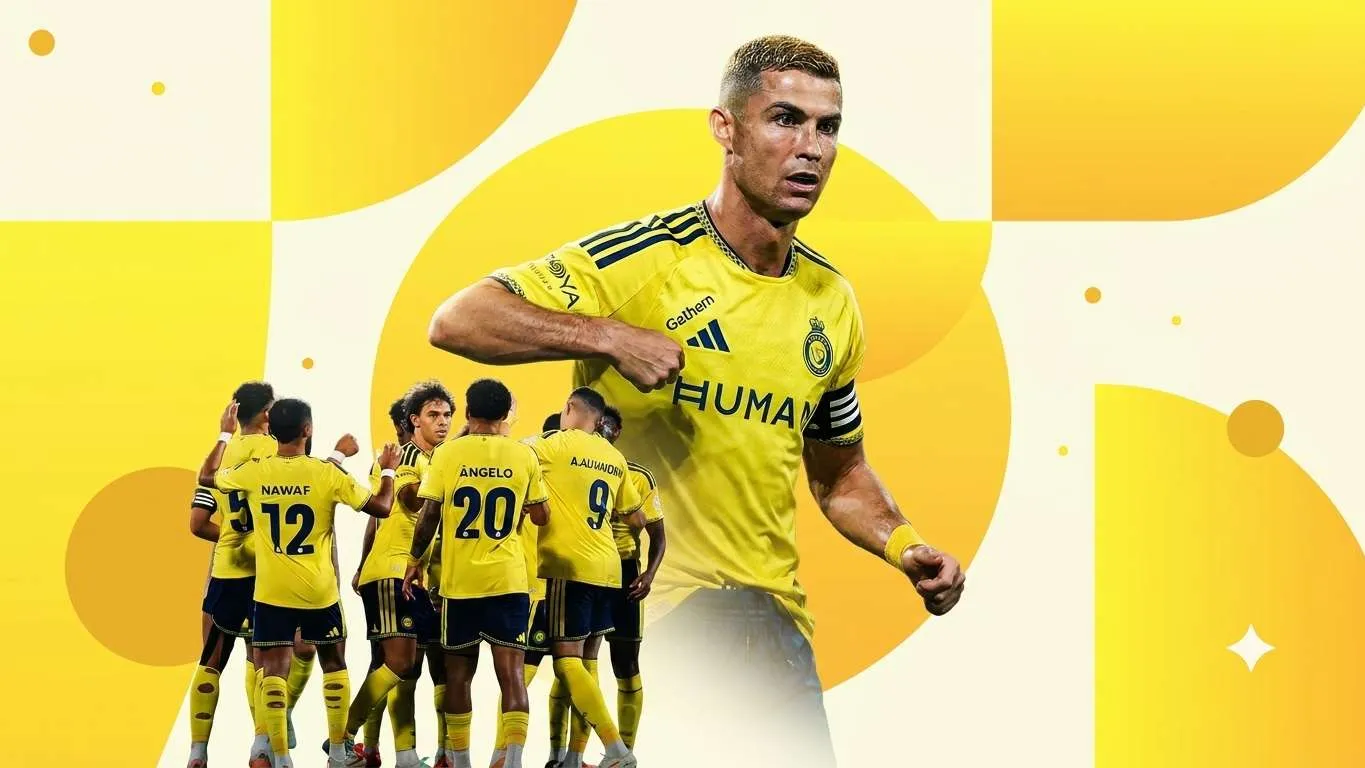 كريستيانو رونالدو قائد فريق النصر السعودي في صورة تعبيرية مع لاعبي الفريق، تعكس تحديات أدائه وتأثيره في المباريات الأخيرة.