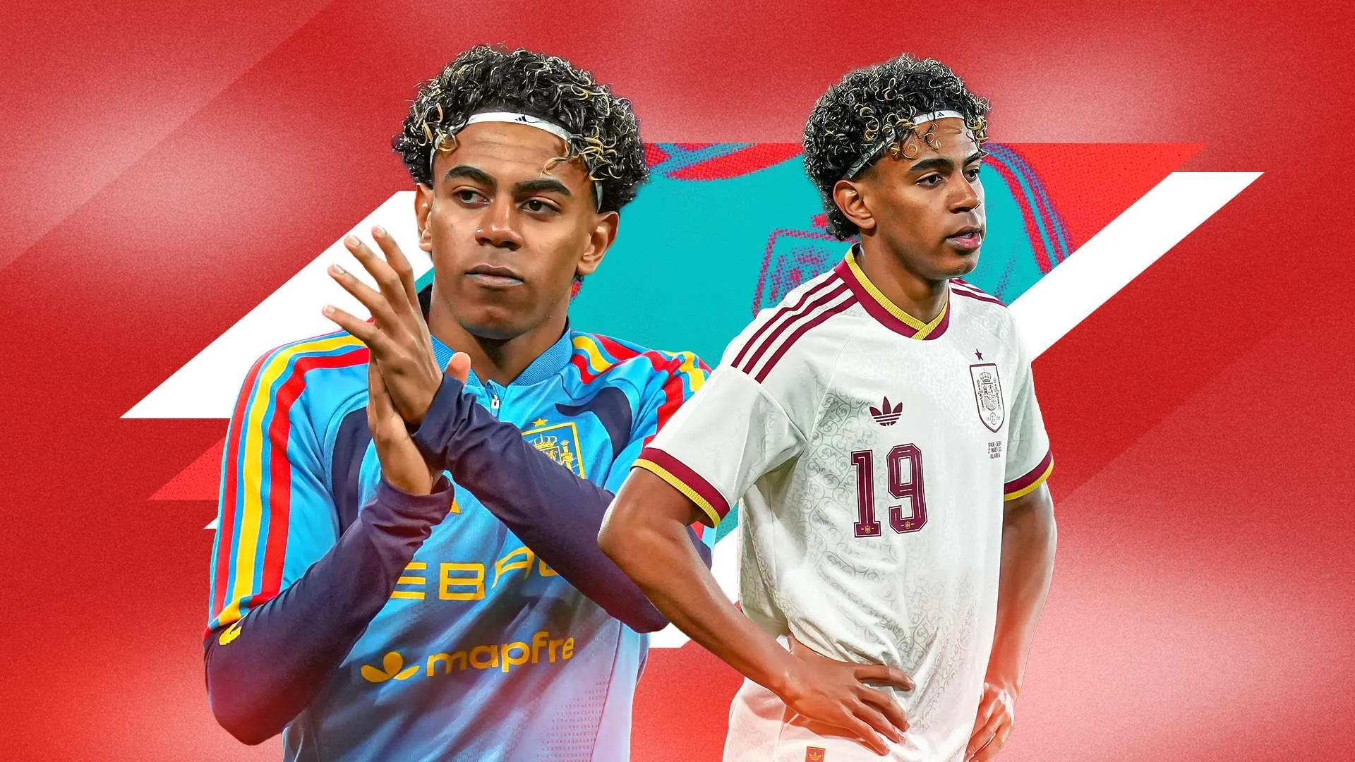 لاعب كرة القدم لامين يمال في زي برشلونة وملابس منتخب إسبانيا، يعكس نضجه وتألقه بعد الفوز بكأس العالم 2026.