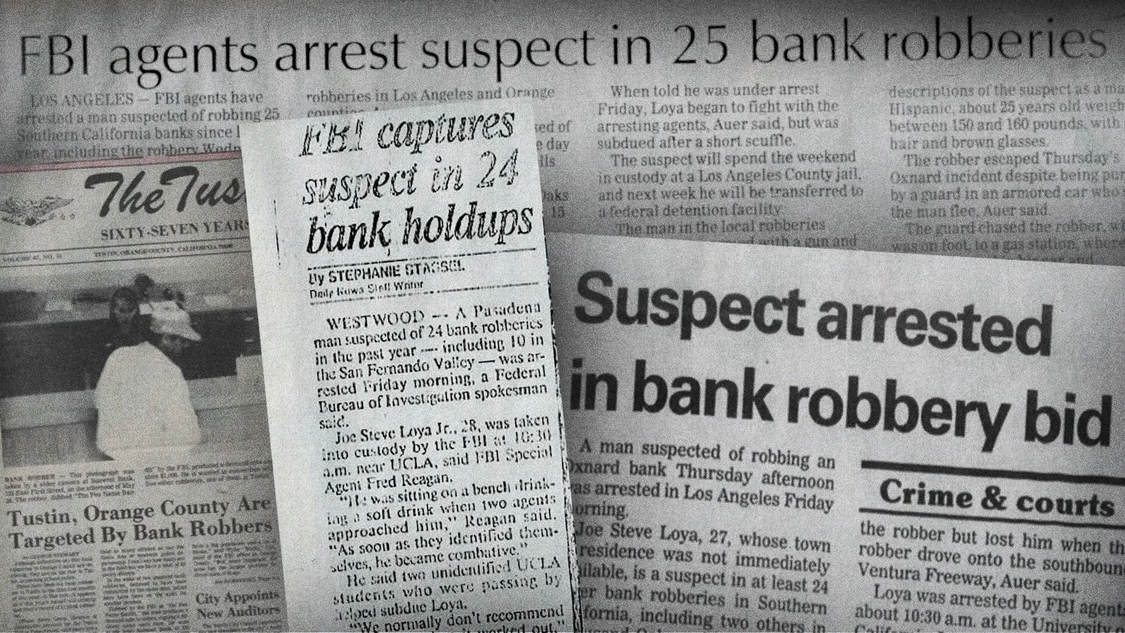 صورة لقصاصات صحفية تتعلق بجرائم سرقة بنوك، تتضمن عناوين مثل "القبض على مشتبه به في 25 عملية سرقة بنكية"، تعكس حياة جو لويا الإجرامية.