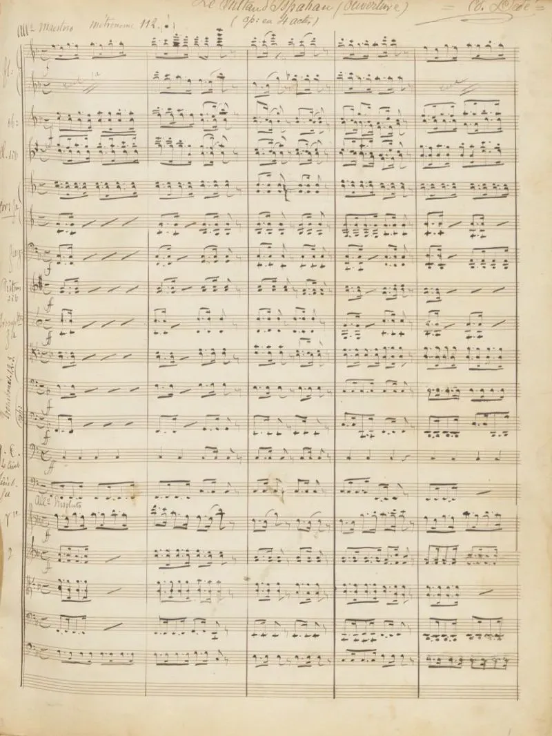 مخطوطة موسيقية لأوبرا "مورغيان" للمؤلف إدموند ديديه، تتضمن نوتات معقدة لأداء الأوركسترا، تعكس تاريخًا موسيقيًا مهمًا.