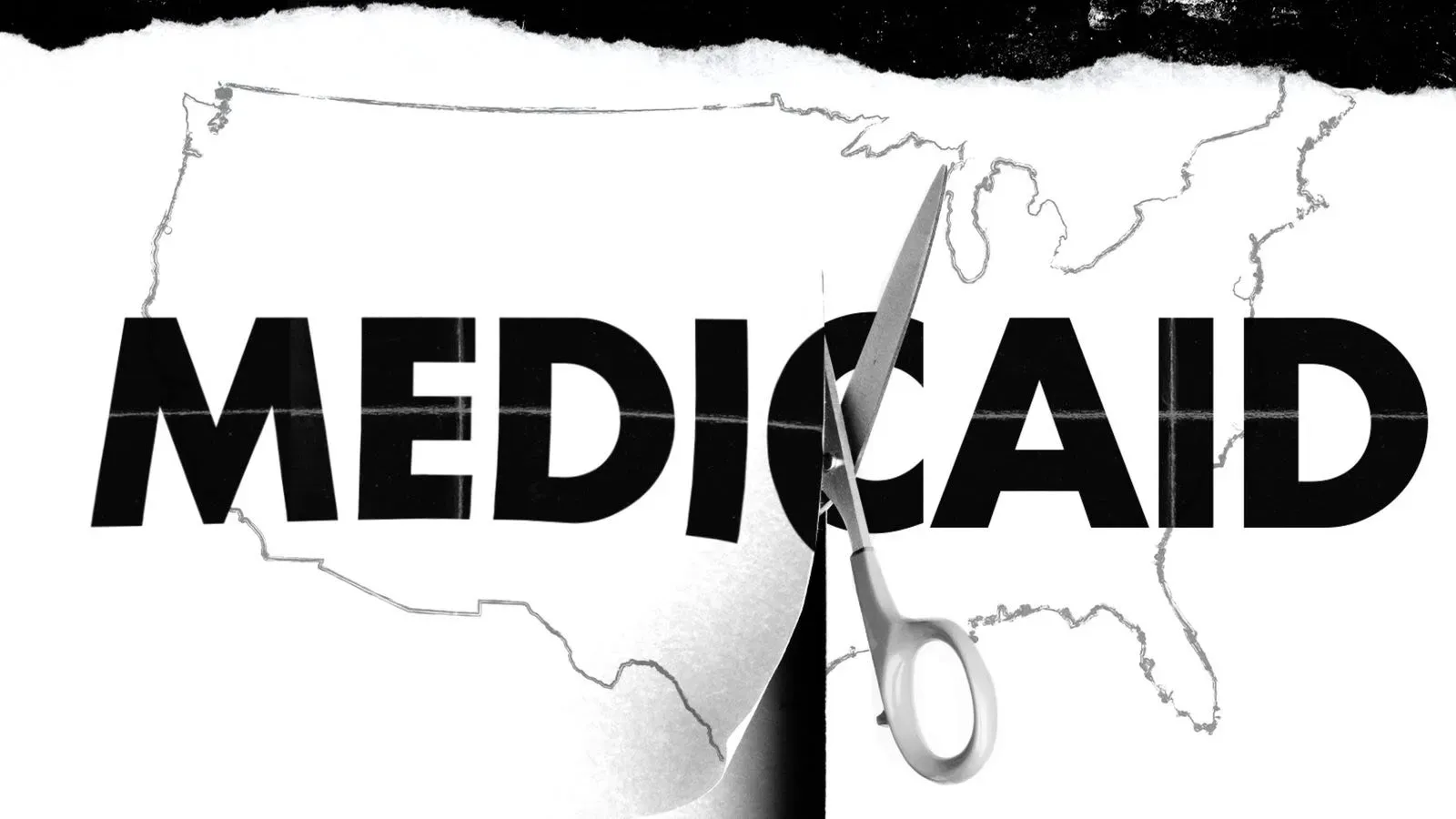 قصاصة ورقية تظهر خريطة الولايات المتحدة مع كلمة "Medicaid" مكتوبة بشكل بارز، ومقص يقطعها، مما يرمز إلى تخفيضات محتملة في البرنامج.