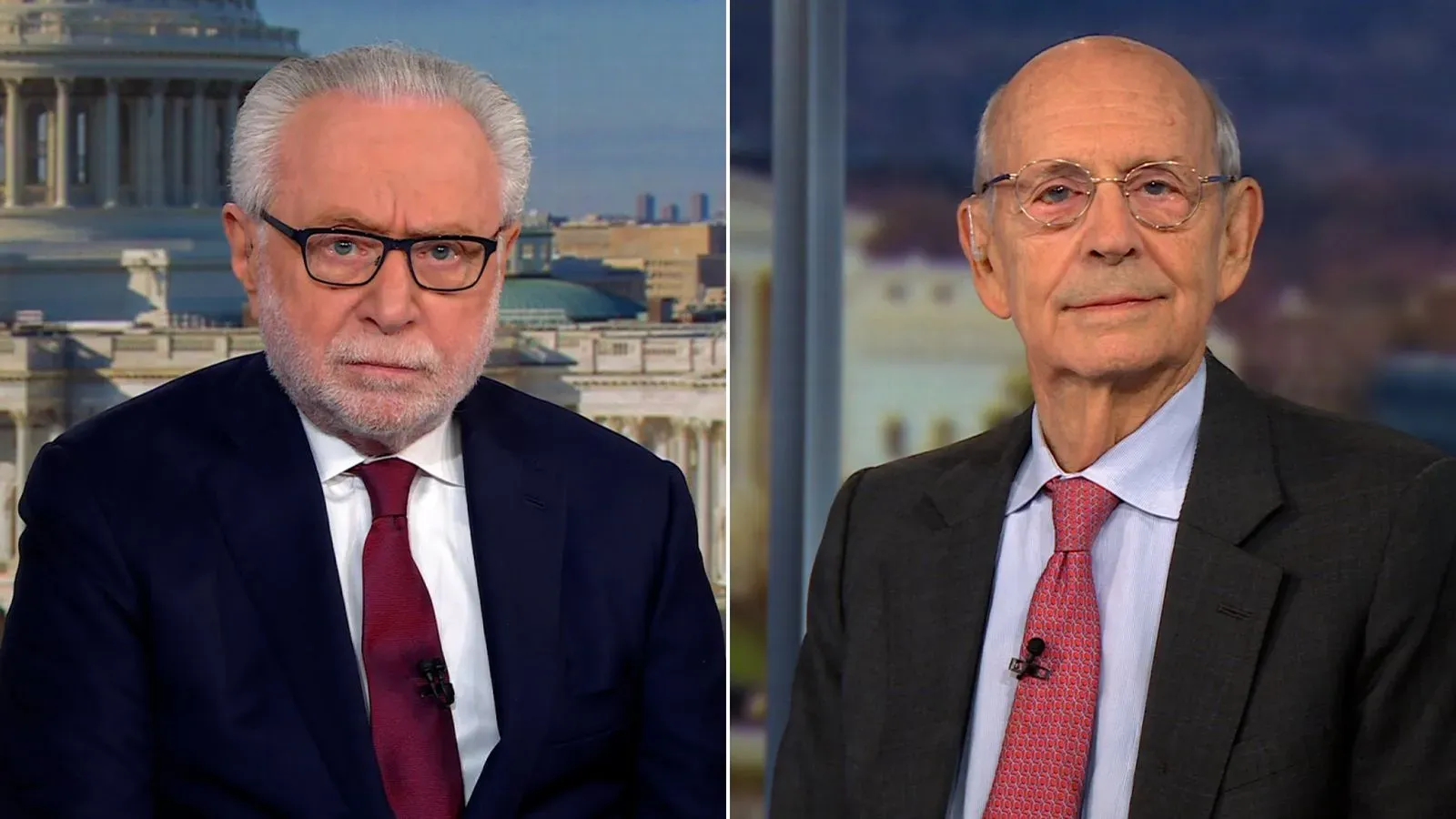 مقابلة تلفزيونية تضم شخصيتين بارزتين تتحدثان عن قضايا قانونية تتعلق بالإنترنت والوصول الرقمي، مع خلفية لمبنى حكومي.