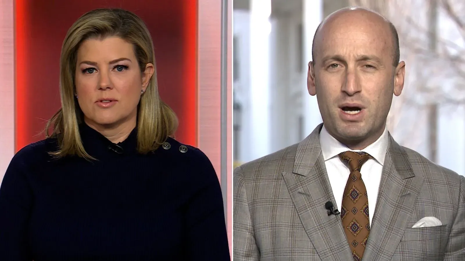 مقابلة تلفزيونية تظهر مراسلة تتحدث مع مسؤول حكومي عن تأثير مبادرة الكفاءة التي أطلقها ترامب على الحكومة الفيدرالية.