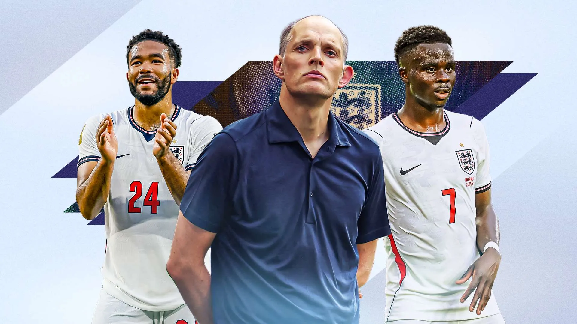 توماس توخيل مع لاعبي منتخب إنجلترا رييس جيمس وبوكايو ساكا في تصميم يشير إلى استعداد الفريق لمواجهة الأرجنتين في نصف نهائي كأس العالم.
