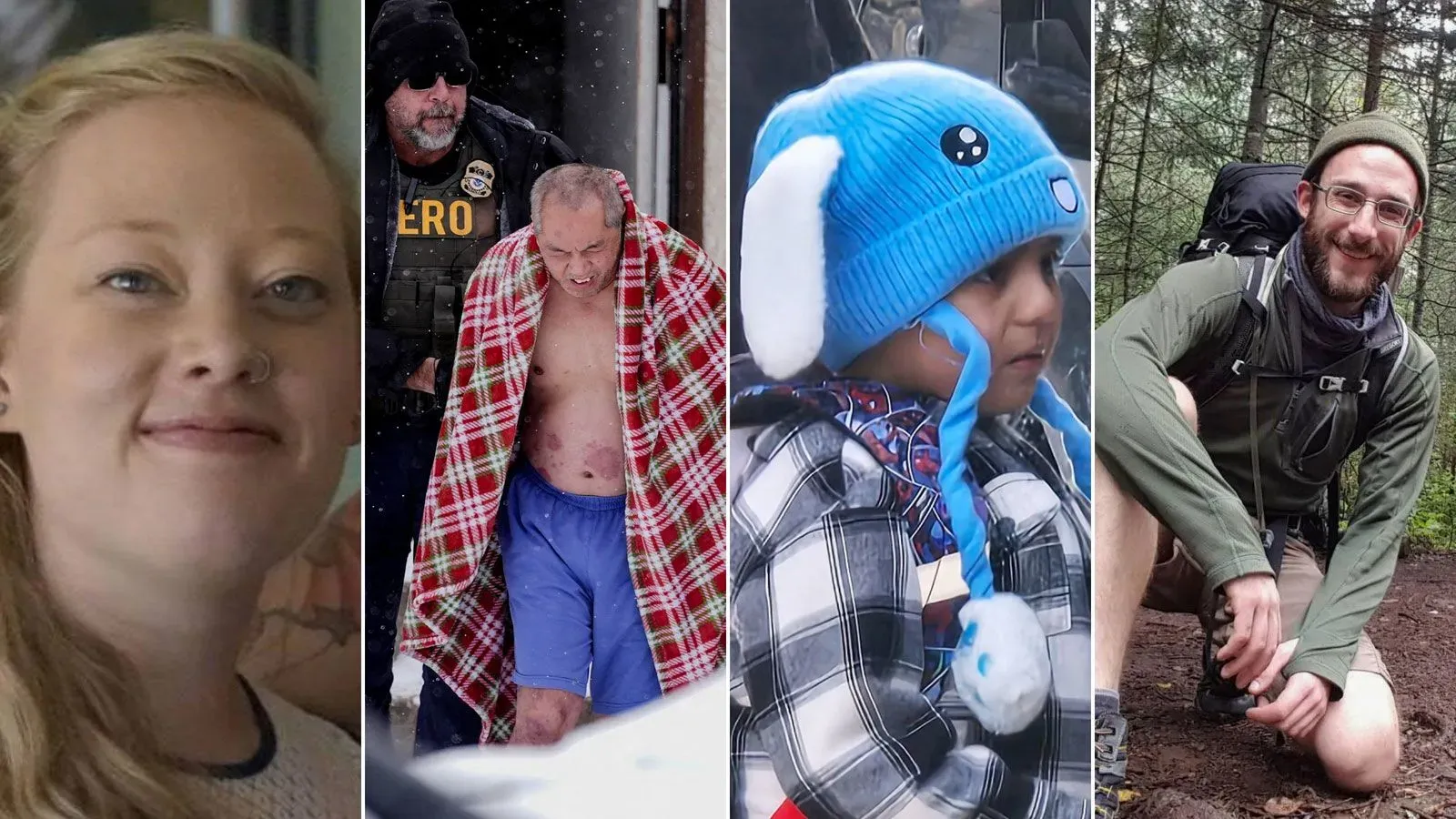 صور لأربعة أشخاص: امرأة مبتسمة، رجل يرتدي بطانية، طفل بقبعة أذن أرنب، ورجل في الطبيعة، تعكس تأثير الأحداث الأخيرة في مينيابوليس.